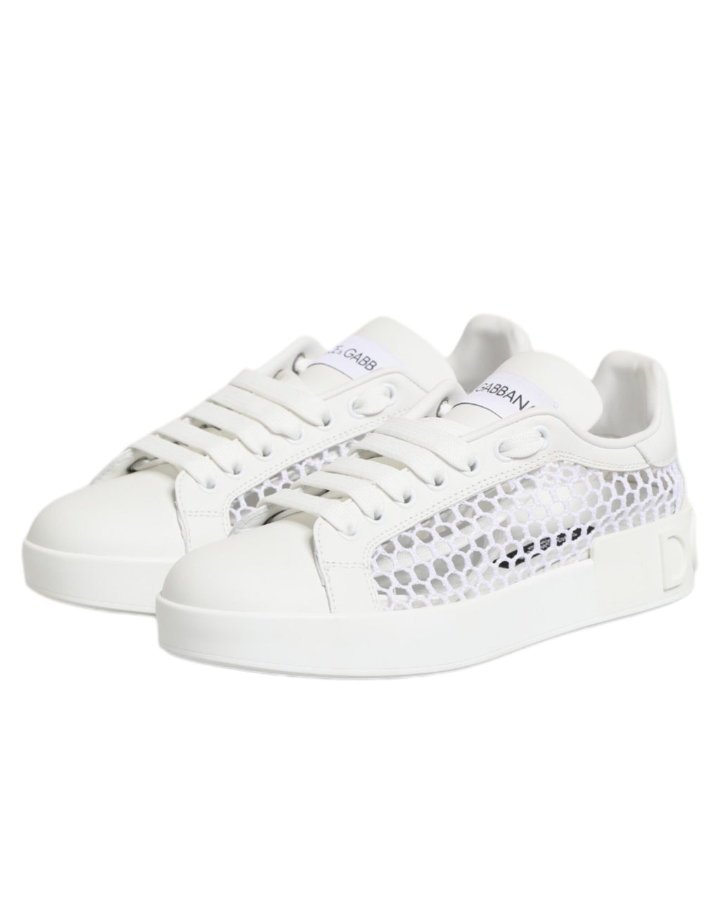 Chaussures basses Dolce & Gabbana avec inserts en mesh blanc, baskets élégantes en cuir et textile pour femmes.