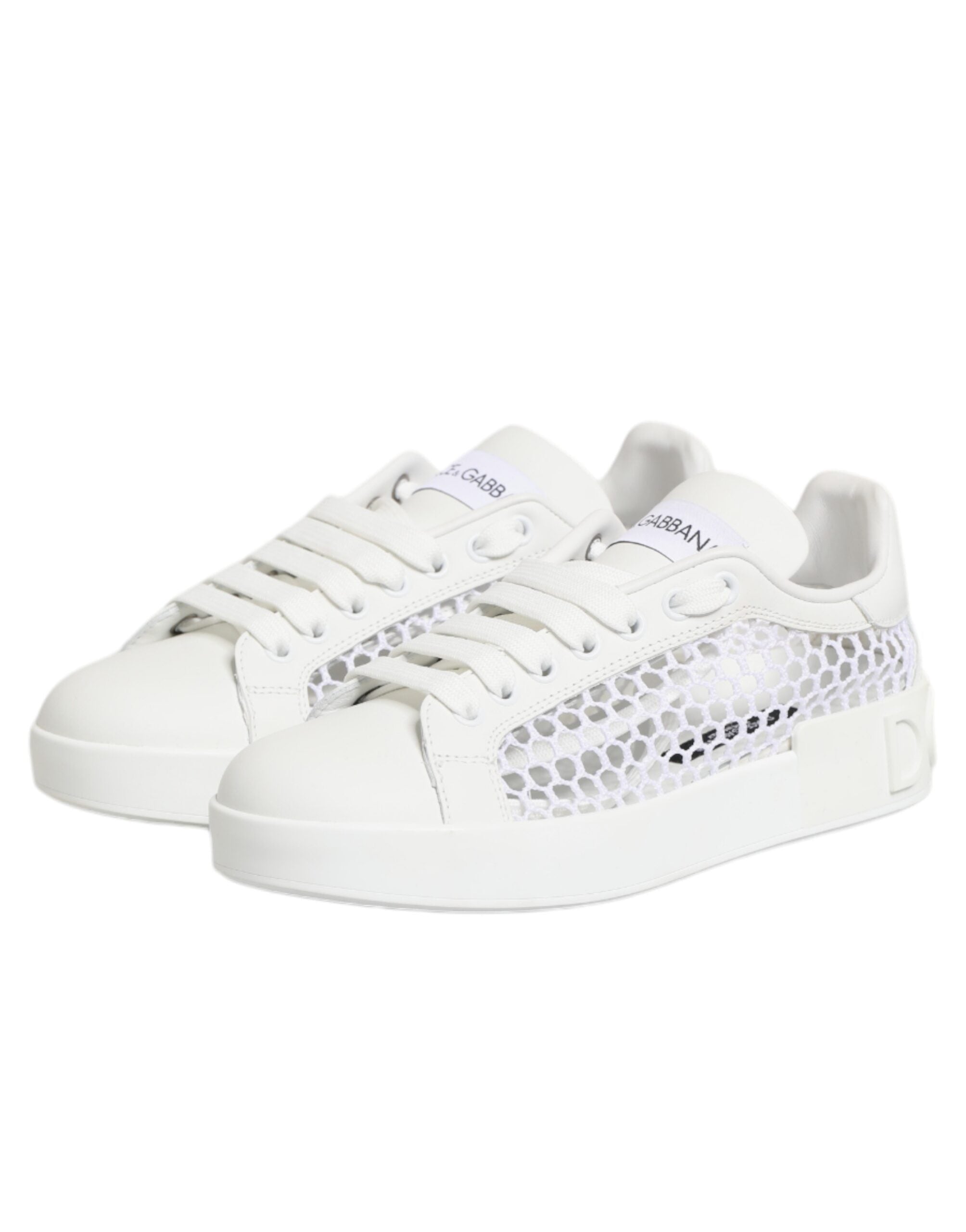 Chaussures basses Dolce & Gabbana avec inserts en mesh blanc, baskets élégantes en cuir et textile pour femmes.