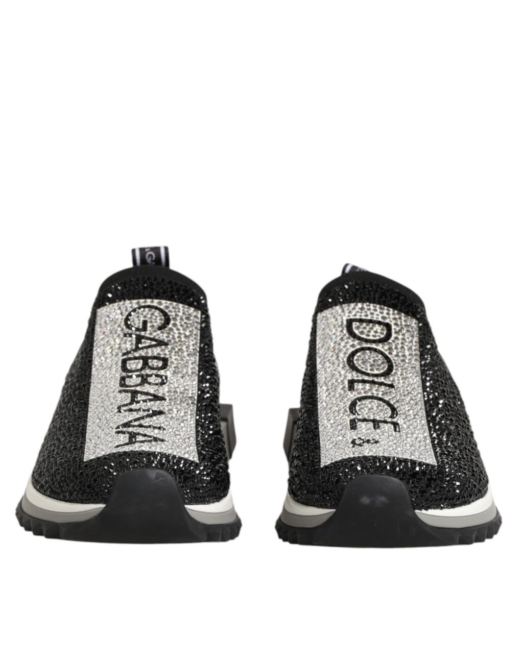 Chaussures sneakers Dolce & Gabbana Sorrento noires et argentées, style slip-on, vue de face.