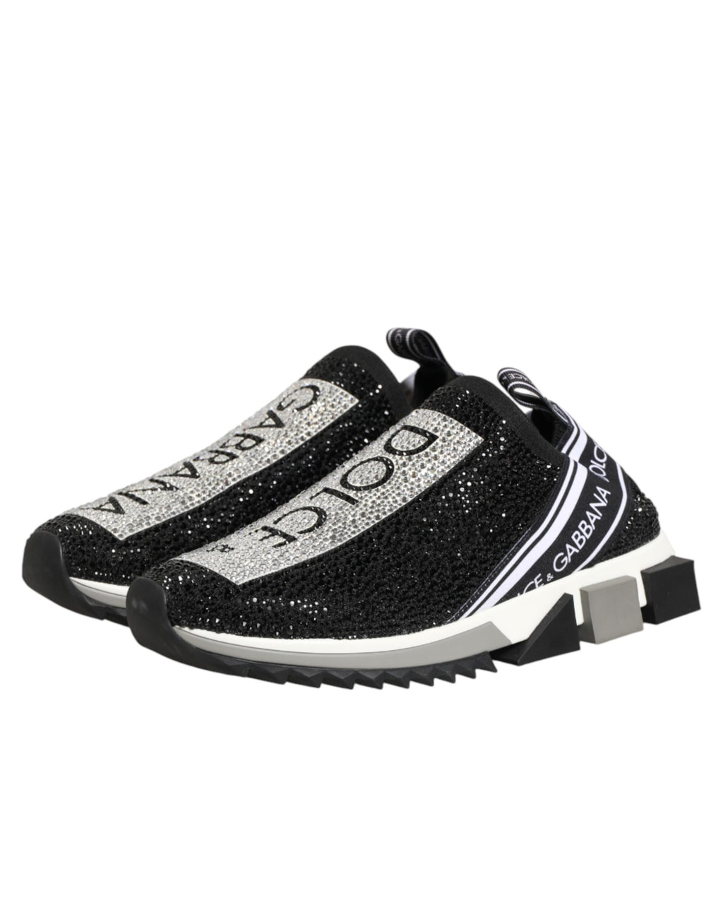 Chaussures Dolce & Gabbana Sorrento noires et argentées, baskets slip-on élégantes avec détails métalliques.