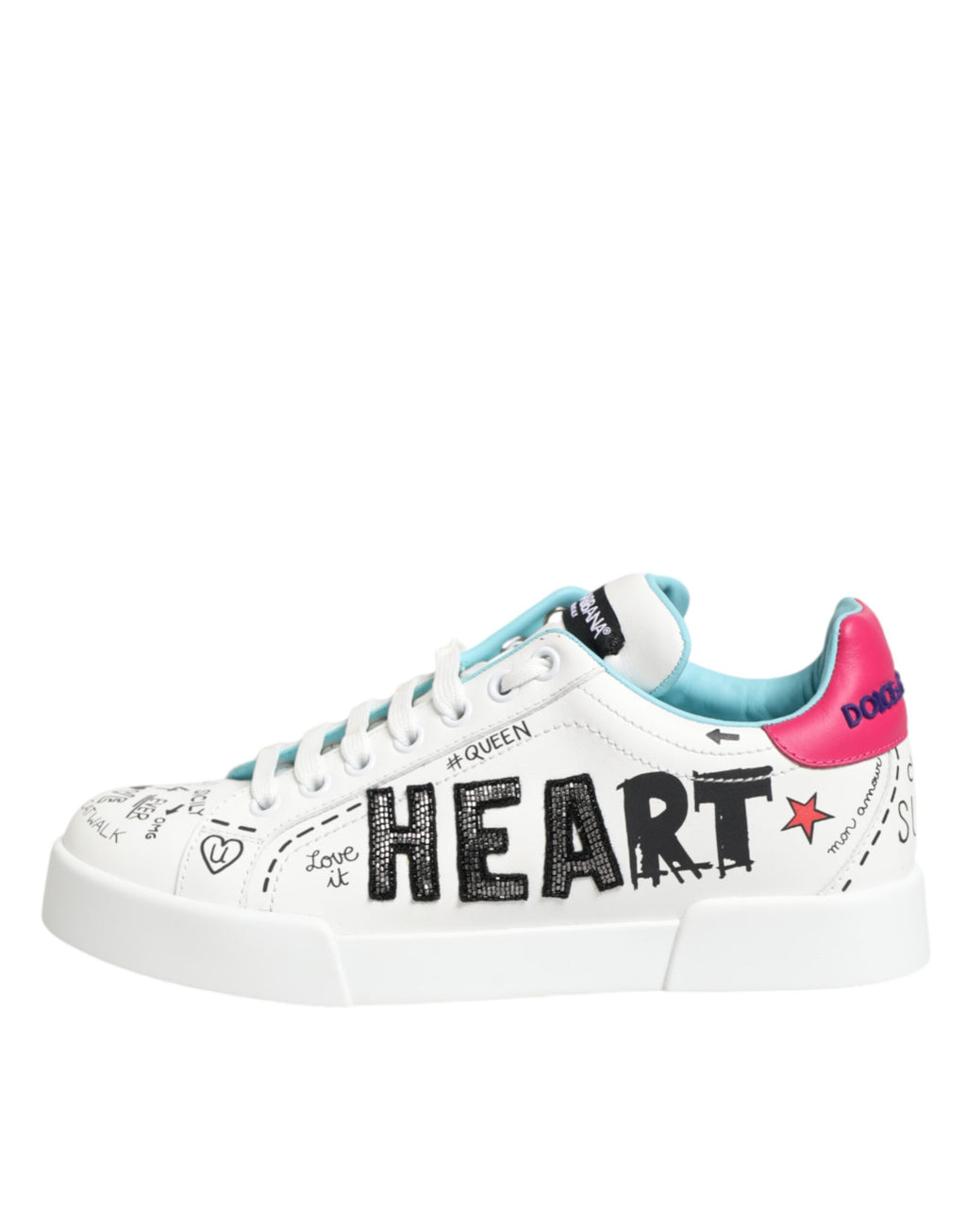 Baskets basses en cuir blanc Dolce & Gabbana avec motif graffiti, chaussures de sport élégantes et tendance.