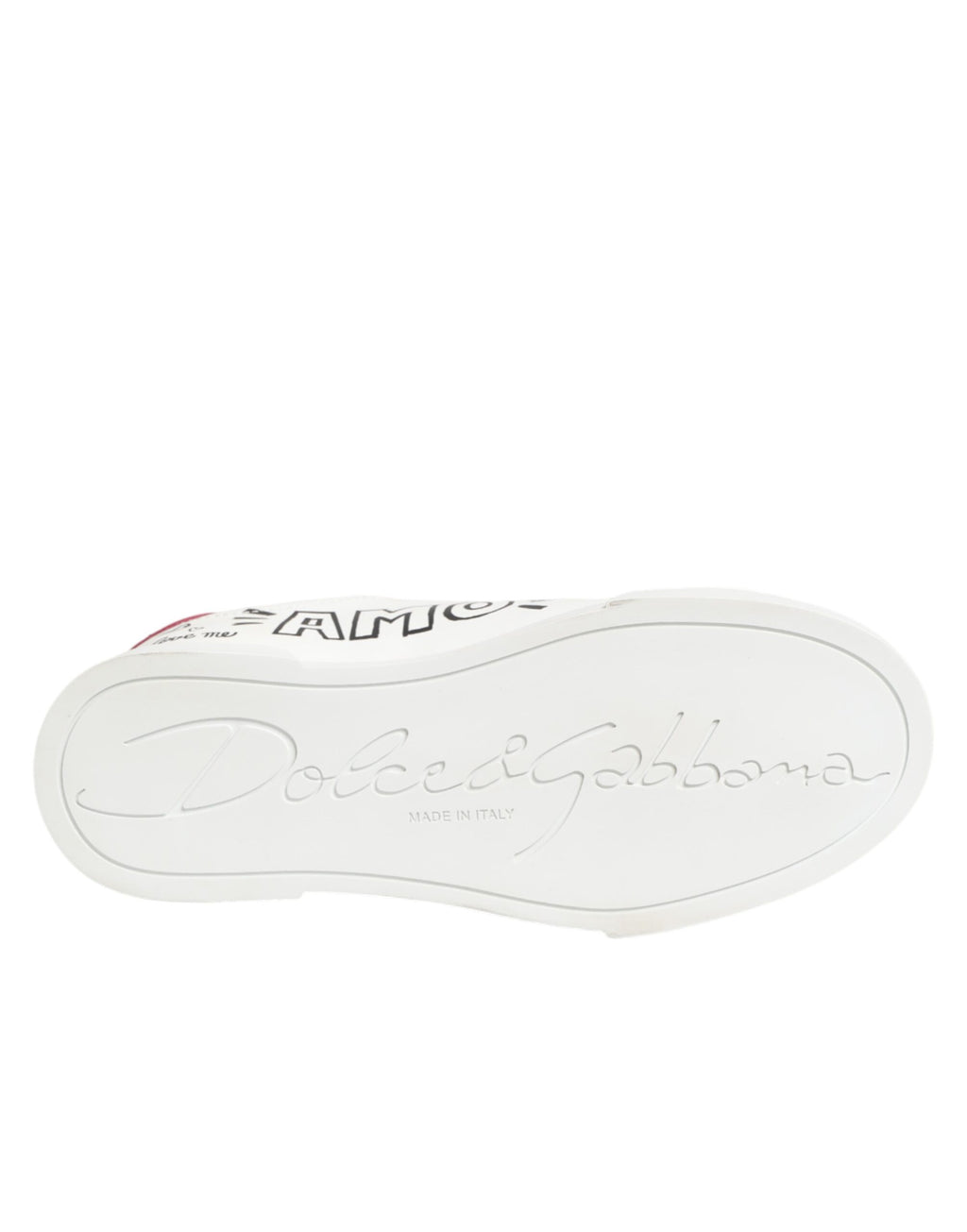 Chaussures sneakers basses en cuir blanc Dolce & Gabbana avec motif graffiti, vues de côté.