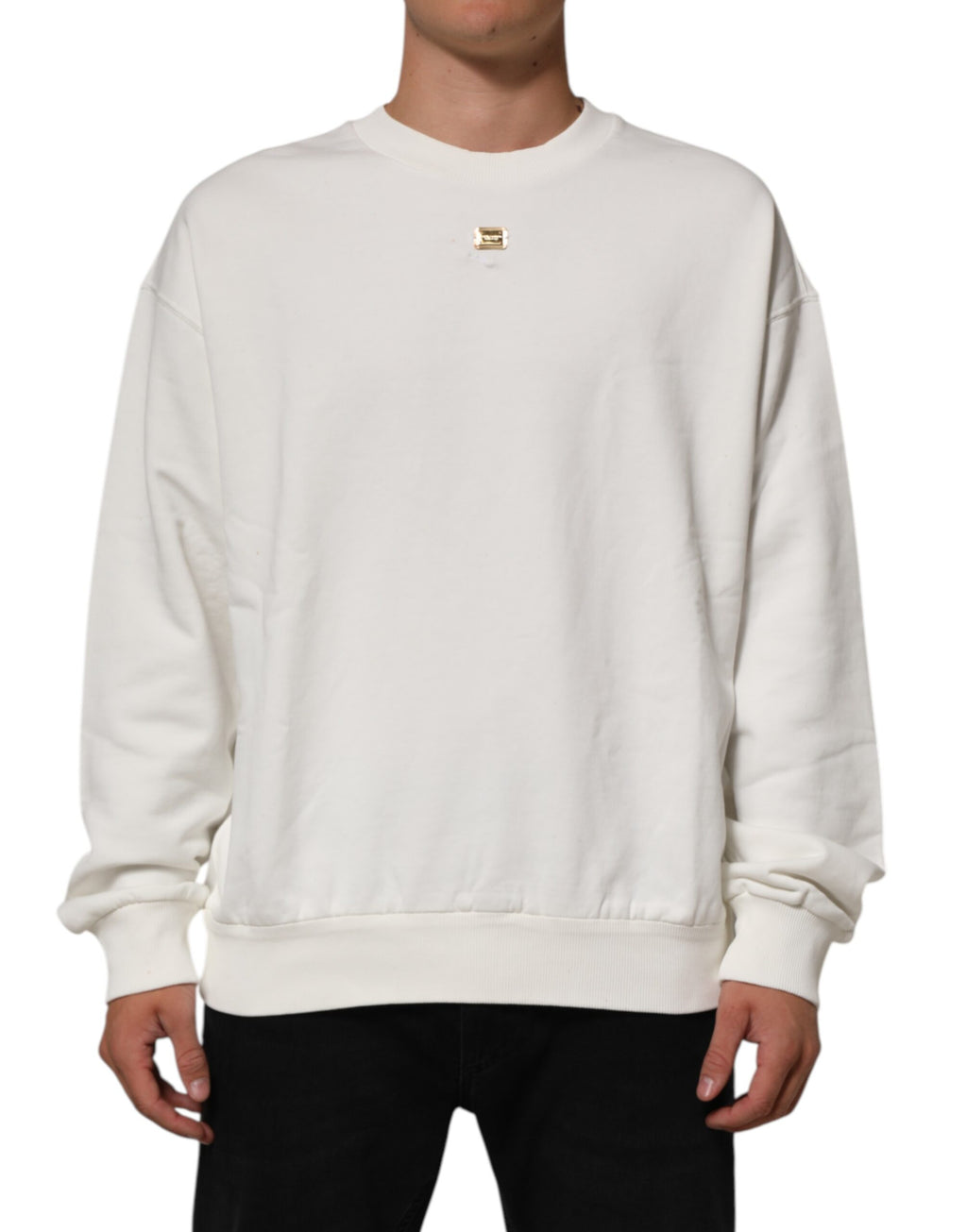 Sweat-shirt à col rond blanc Dolce & Gabbana avec logo DG, pull en coton à manches longues et design épuré.
