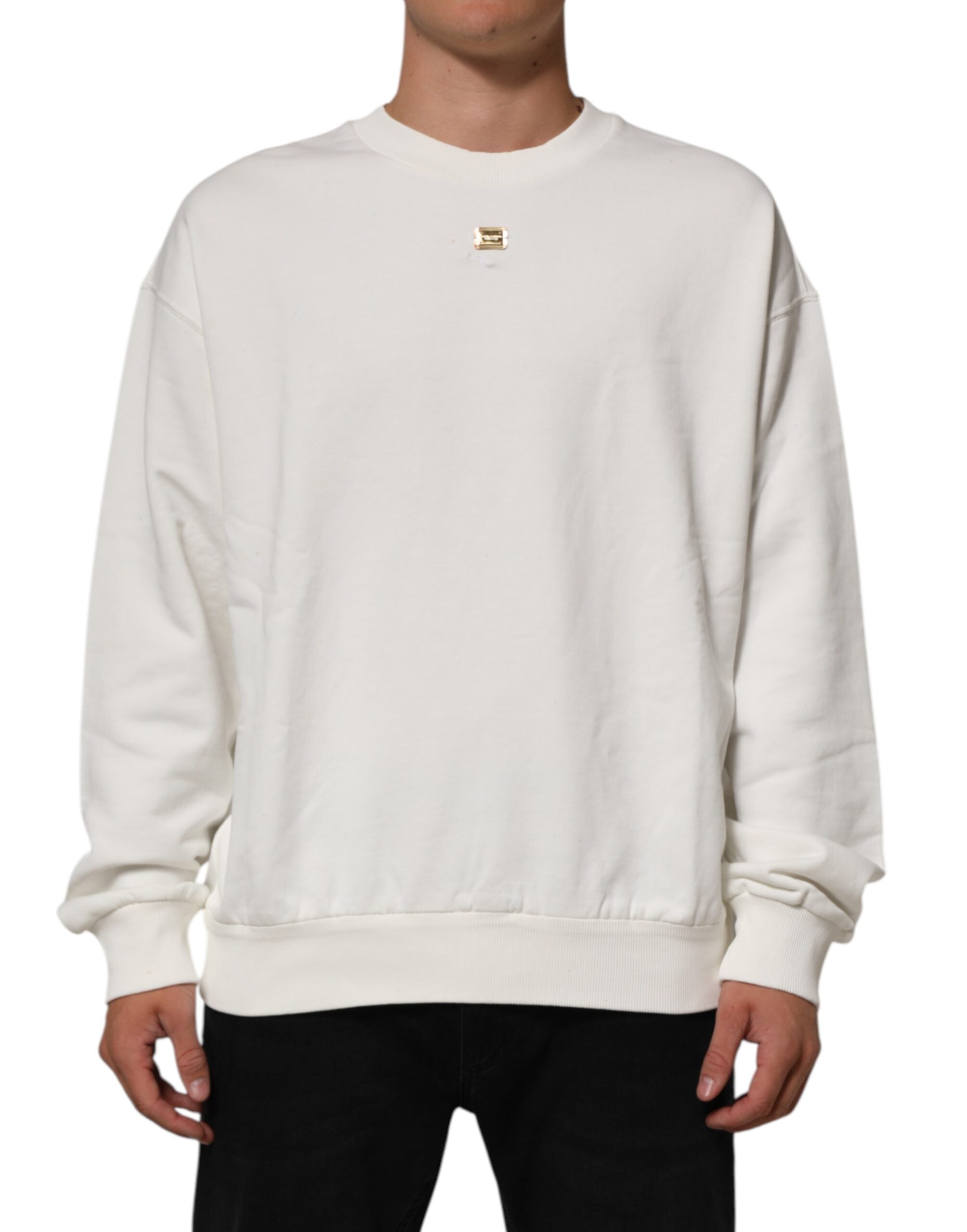Sweat-shirt à col rond blanc Dolce & Gabbana avec logo DG, pull en coton à manches longues et design épuré.