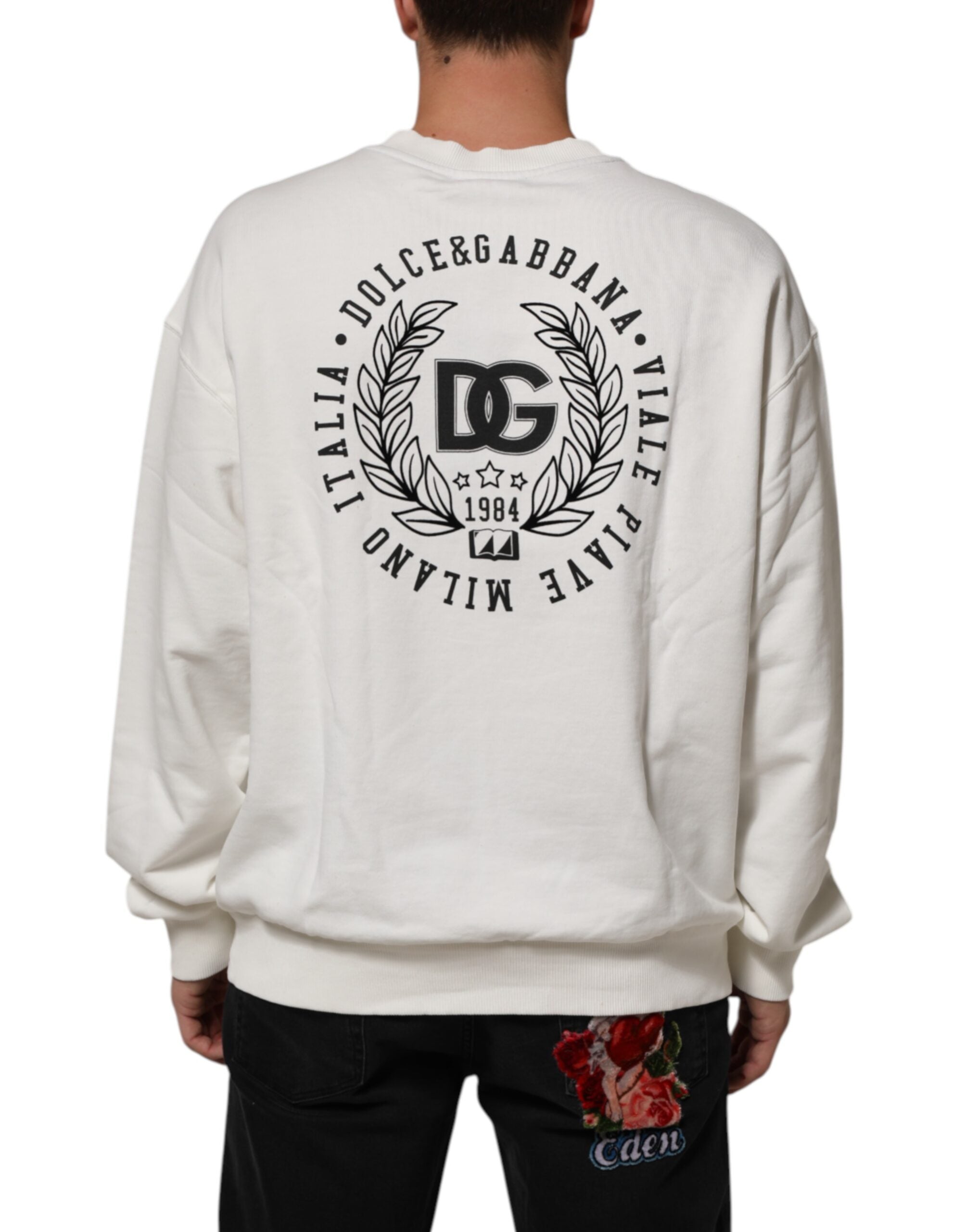 Sweat-shirt blanc Dolce & Gabbana avec logo DG sur le col, en coton, décontracté et confortable.