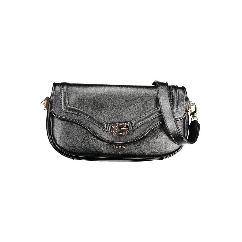 Sac à main en polyurethane noir Guess Jeans pour femmes, élégant et tendance, avec poignée et détails modernes.