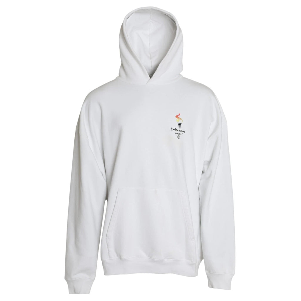Sweat-shirt oversize blanc en coton de Balenciaga avec capuche, vue de face, détails du pull à manches longues.