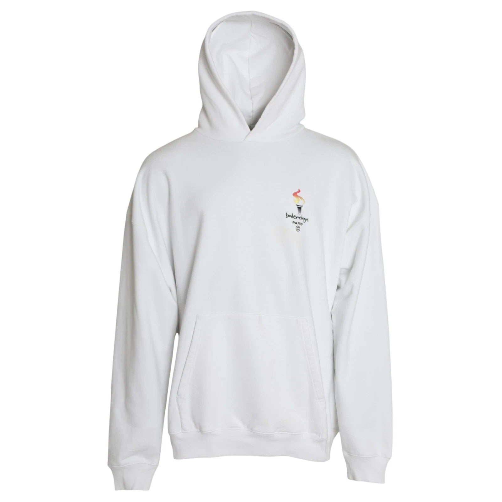 Sweat-shirt oversize blanc en coton de Balenciaga avec capuche, vue de face, détails du pull à manches longues.