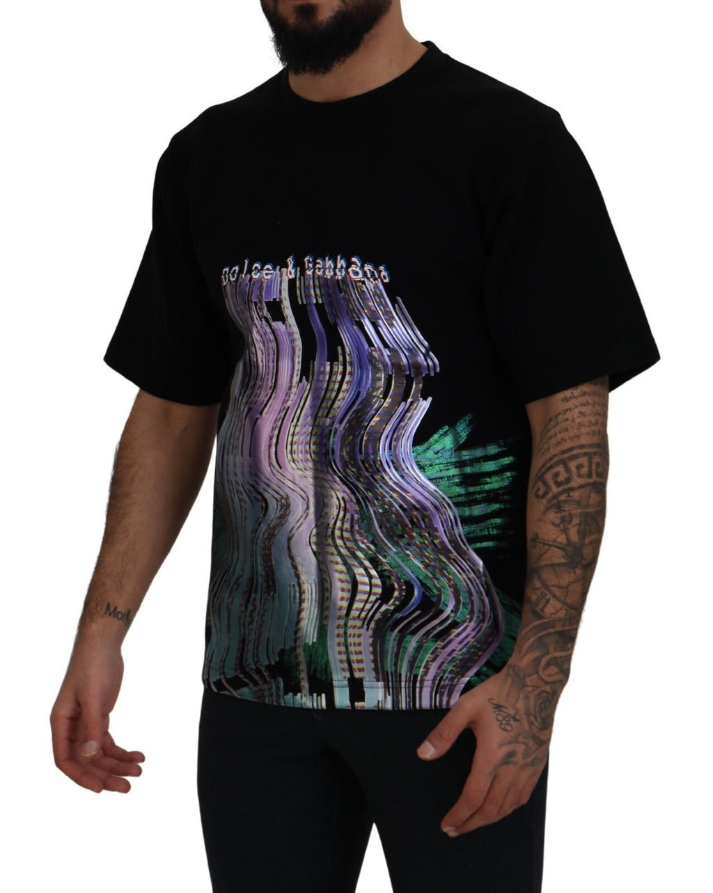 T-shirt à col rond Dolce & Gabbana en coton noir avec imprimé, style décontracté et design élégant.