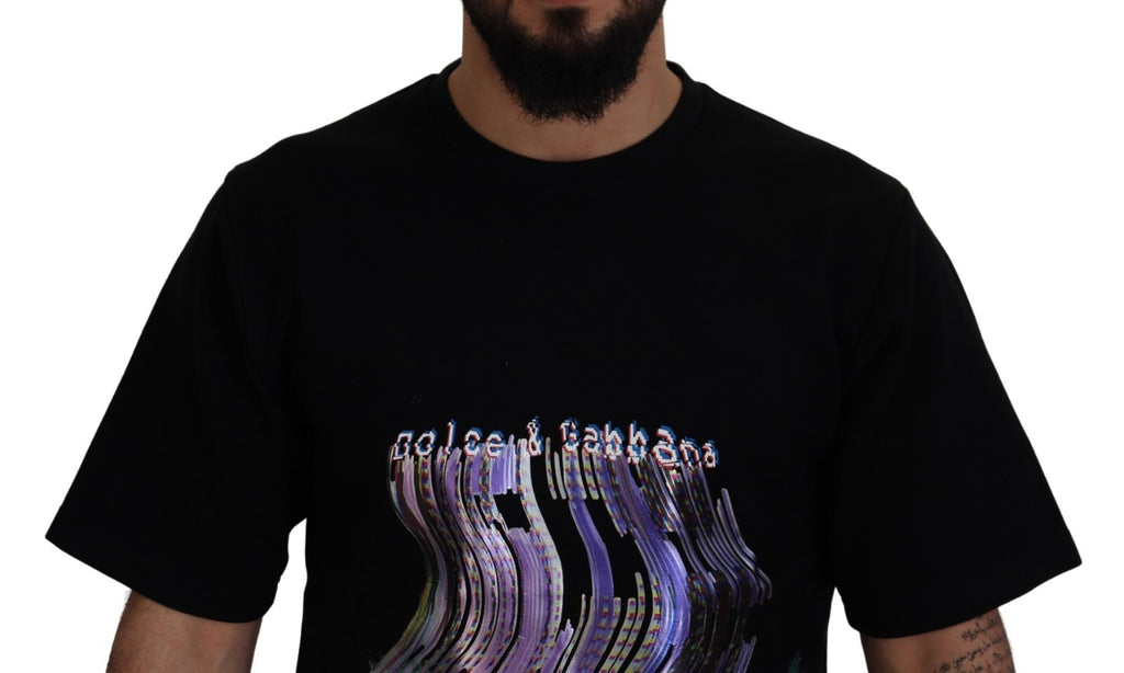 T-shirt noir en coton Dolce & Gabbana avec imprimé, col rond, style casual et contemporain.