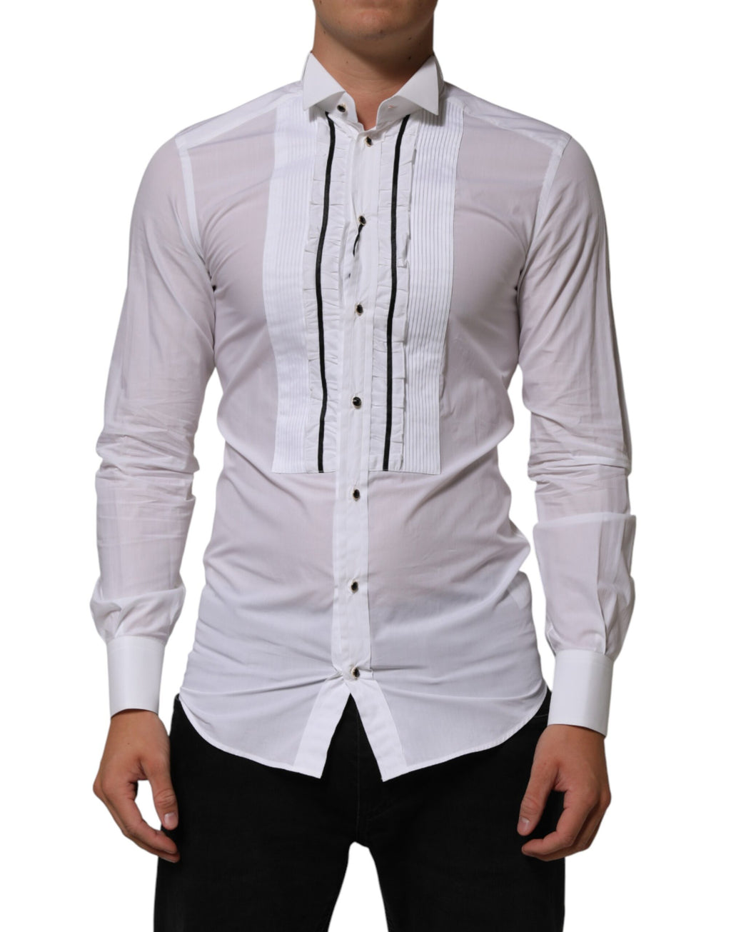Chemise blanche en coton à col et manches longues de Dolce & Gabbana, avec détails dorés sur le devant.