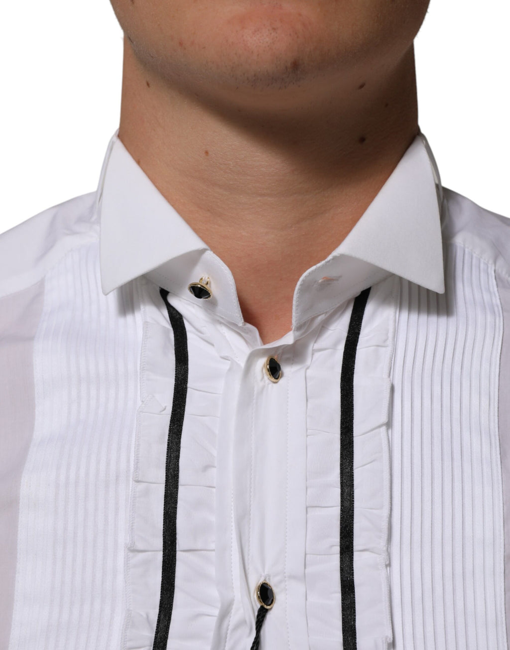 Chemise blanche en coton Dolce & Gabbana à col et manches longues avec détails dorés.