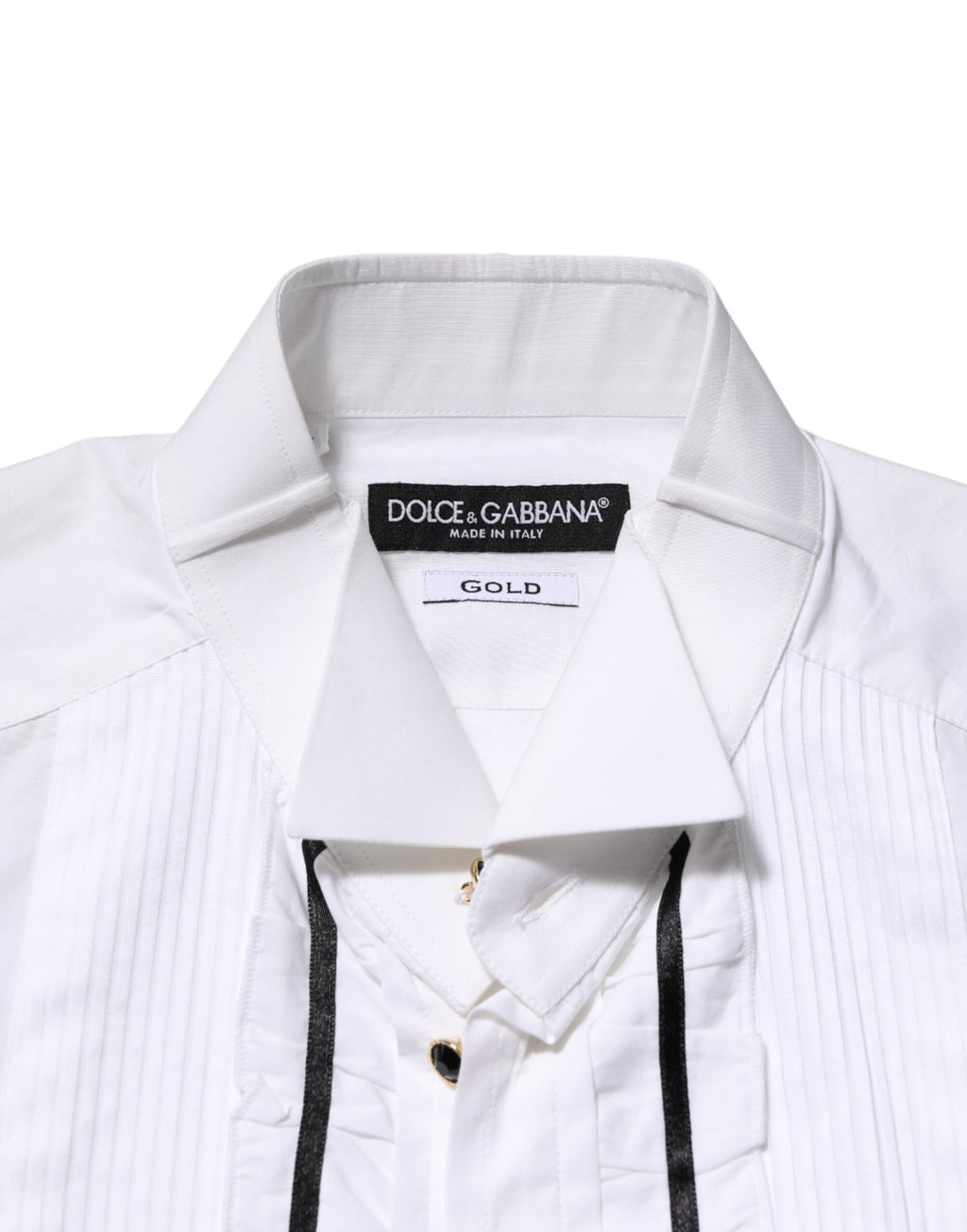 Chemise Dolce & Gabbana en coton blanc à col, manches longues avec détails dorés, élégante robe-shirt pour femmes.