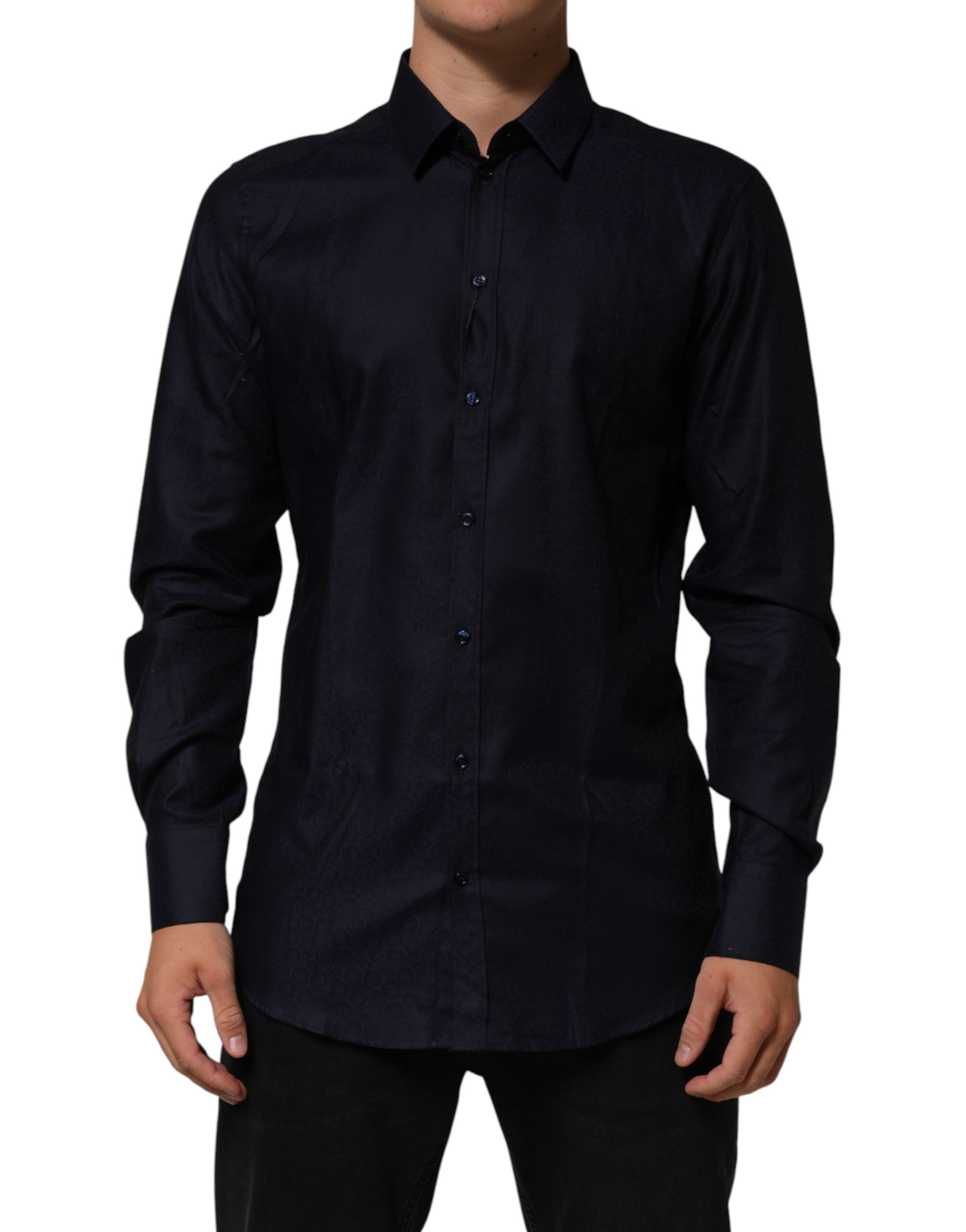 Chemise homme Dolce & Gabbana en coton bleu à col classique à manches longues avec boutons dorés.