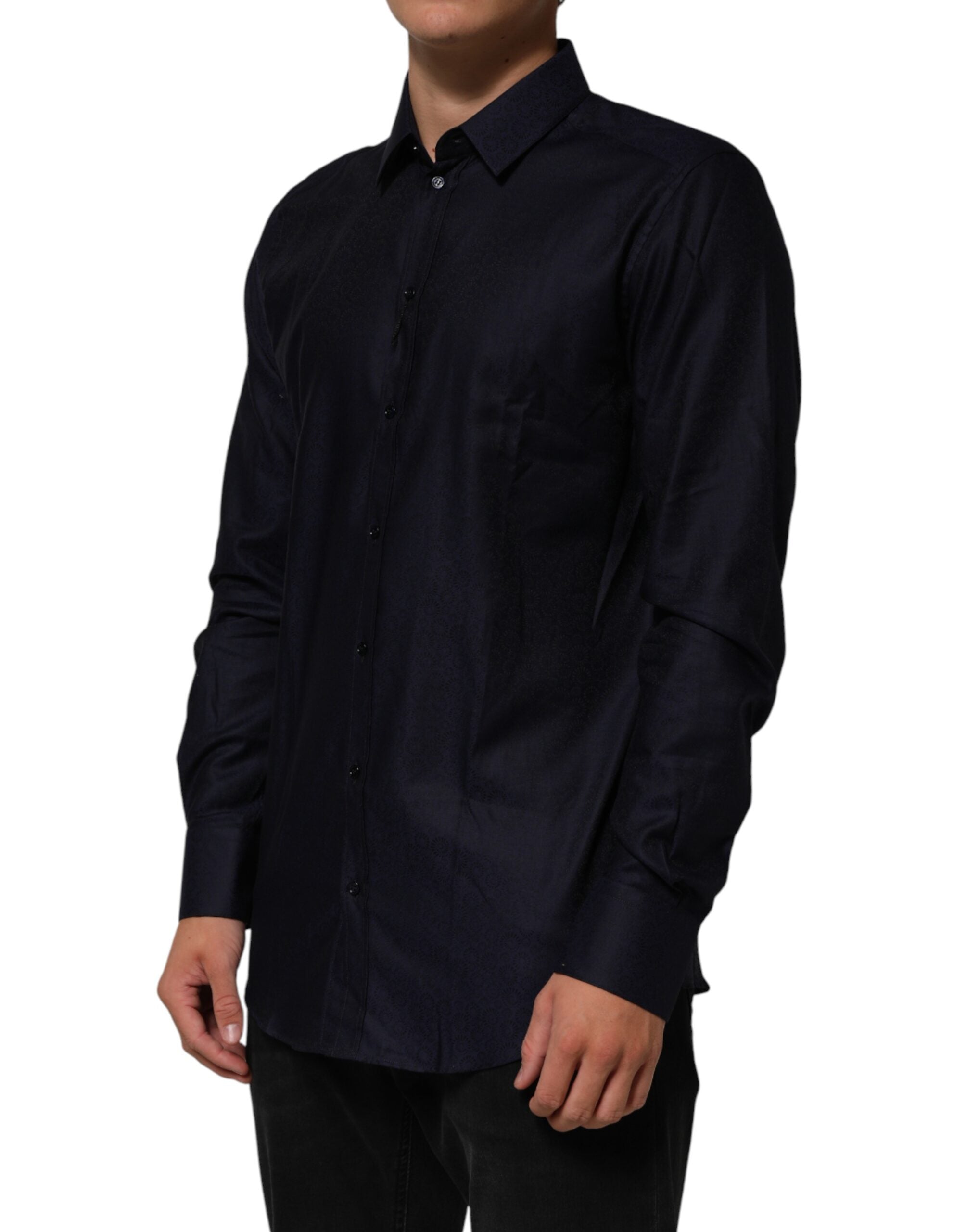 Chemise homme Dolce & Gabbana en coton bleu à col, manches longues, style habillé avec détails dorés.