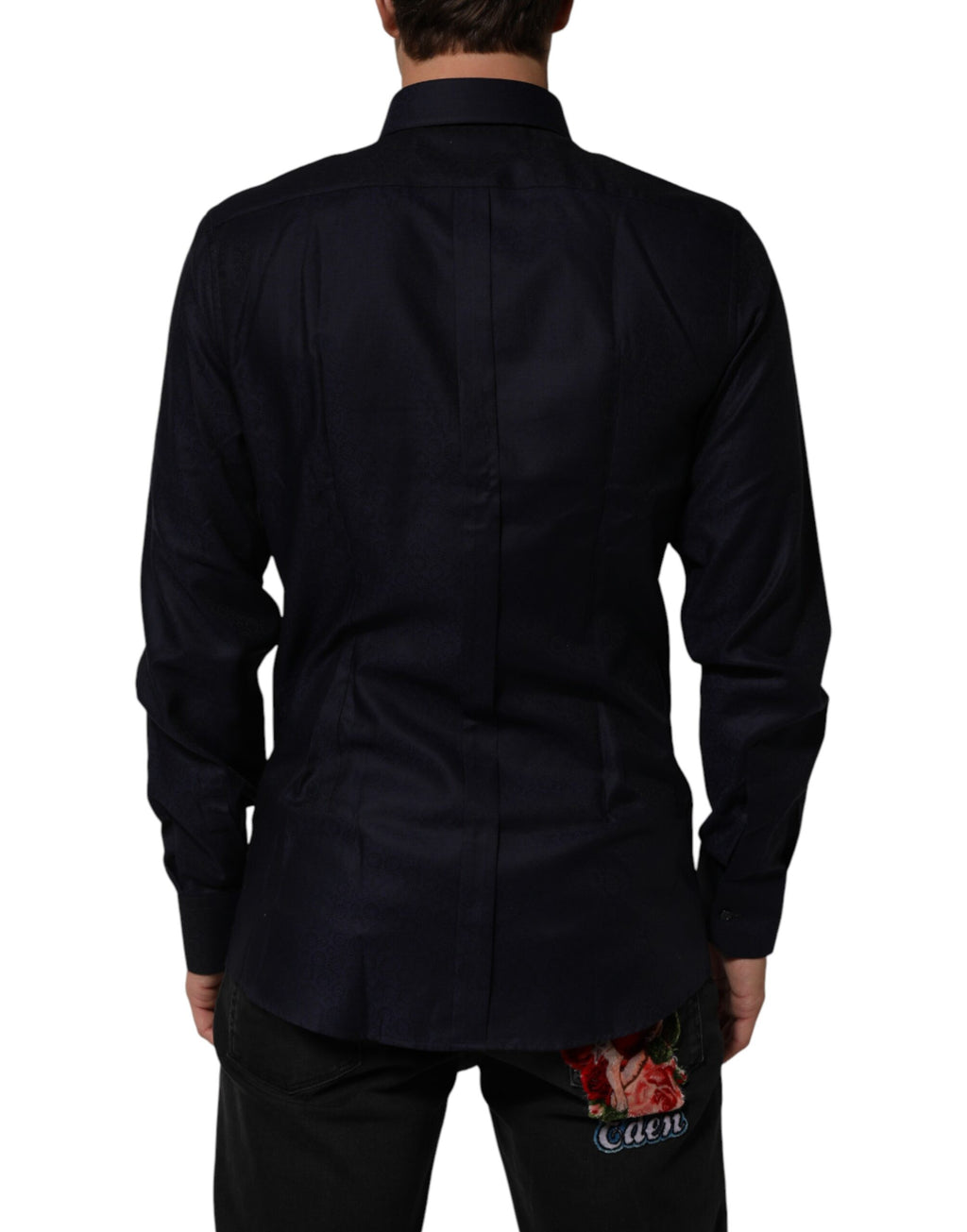 Chemise homme Dolce & Gabbana en coton bleu à col, manches longues et détails dorés, style élégant et sophistiqué.