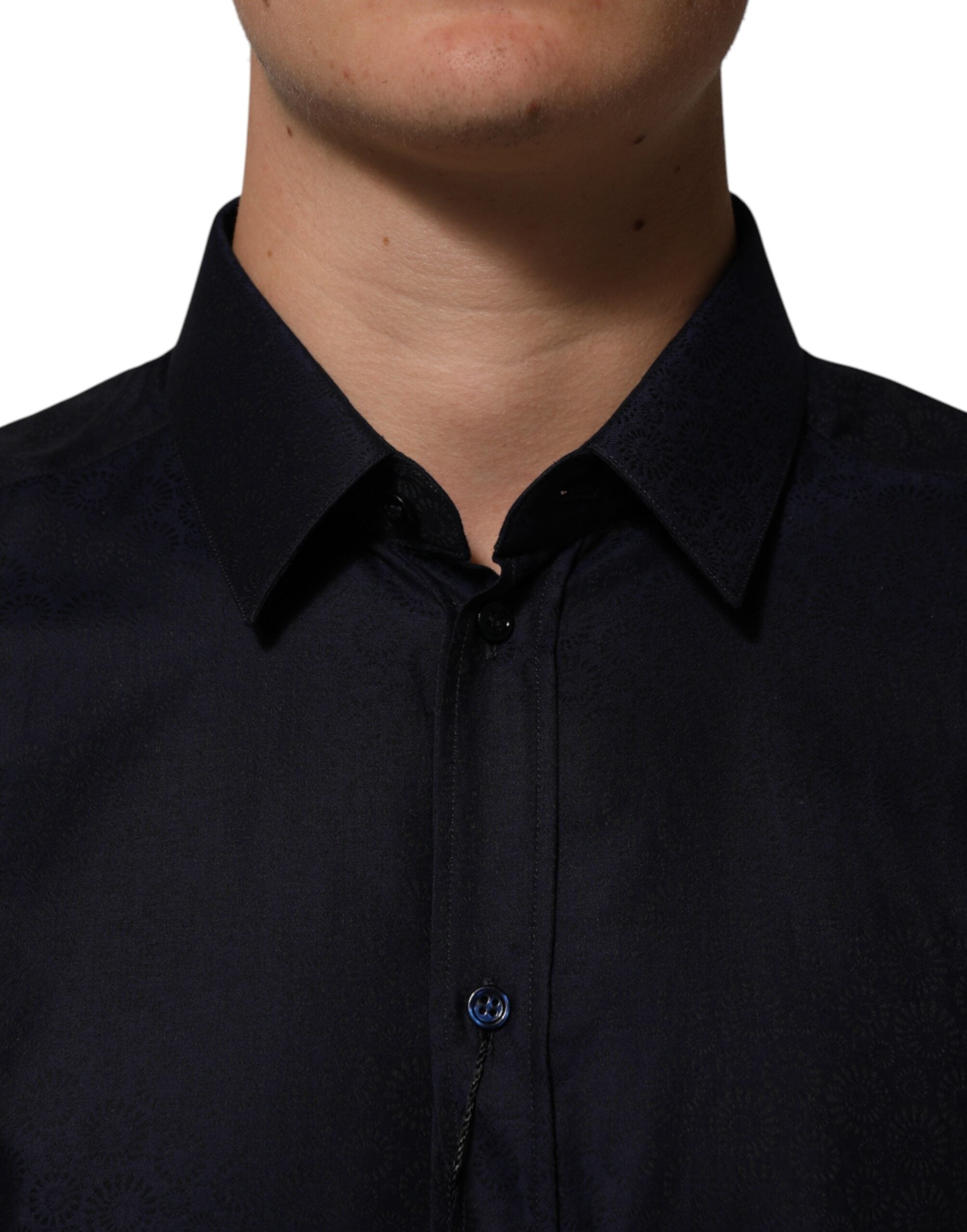 Chemise homme Dolce & Gabbana en coton bleu à col et manches longues, élégante et sophistiquée.