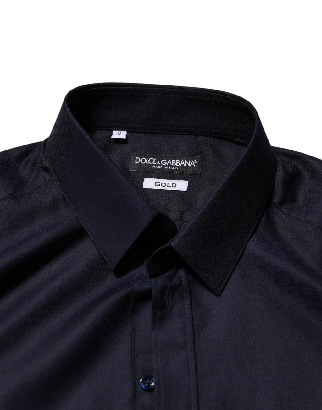 Chemise homme Dolce & Gabbana en coton bleu à col avec manches longues, style habillé avec détails dorés.