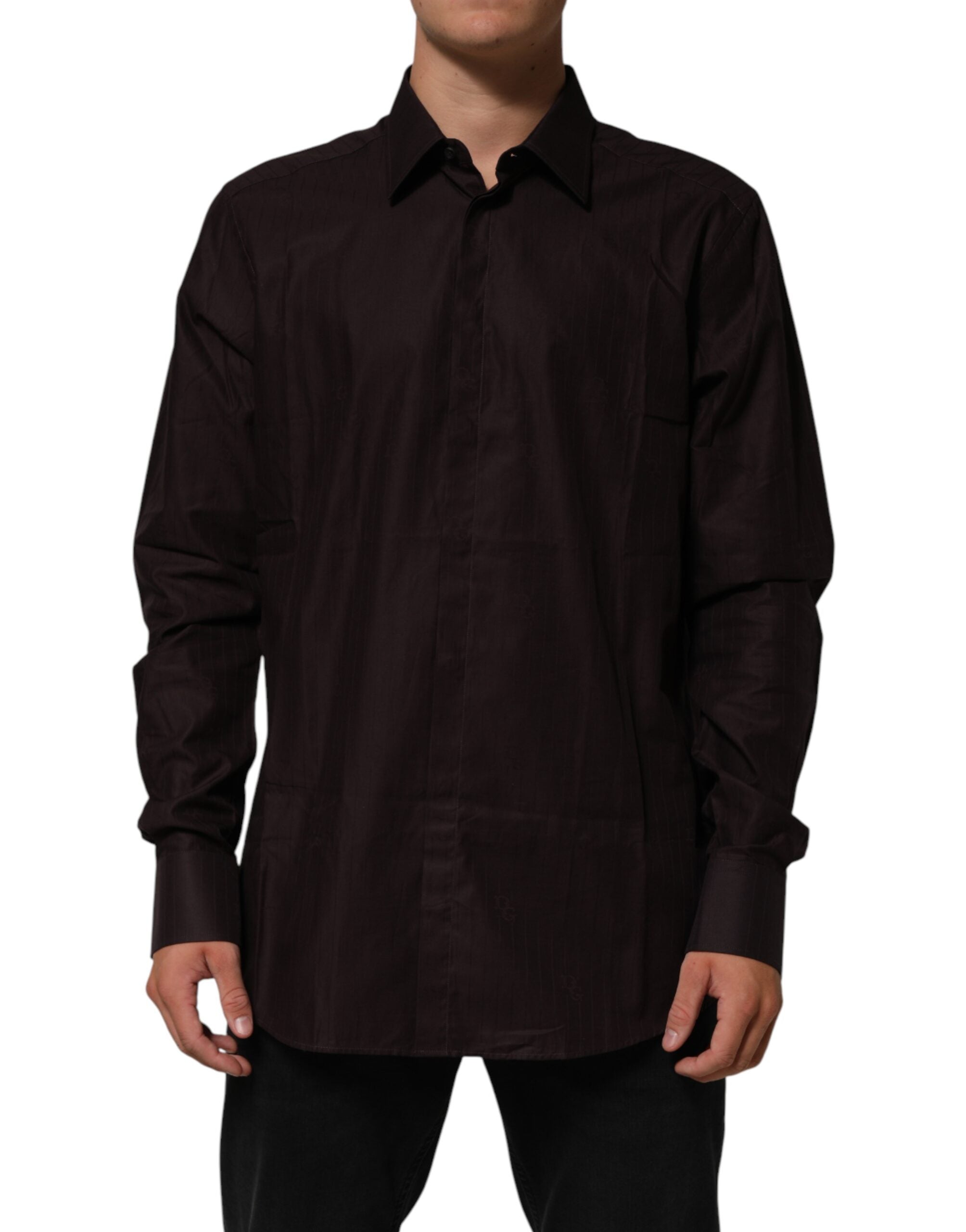 Chemise longue Dolce & Gabbana en coton marron avec manches longues et design Martini, vue de face.
