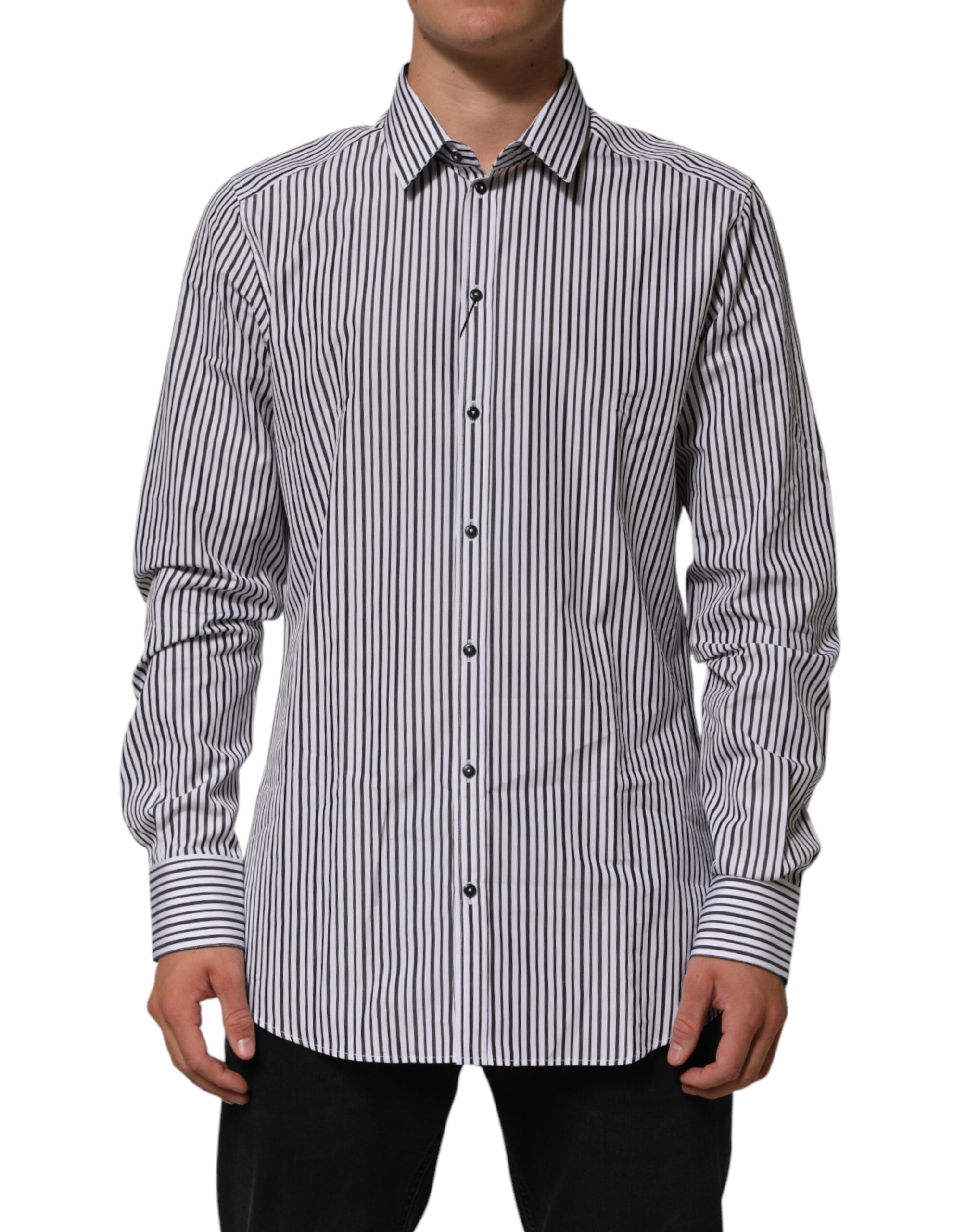 Chemise homme Dolce & Gabbana à rayures noires et blanches avec détails dorés, élégante pour homme.