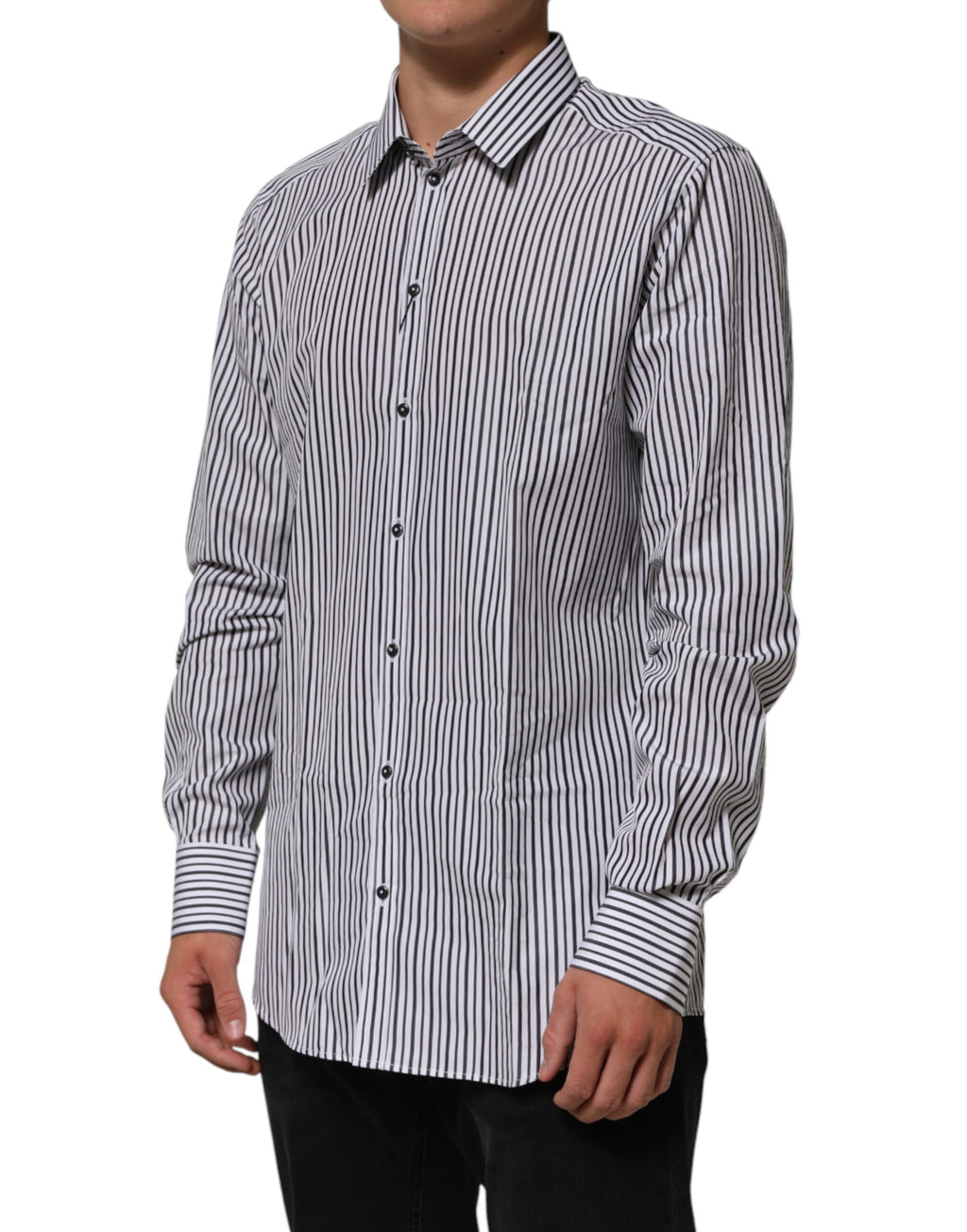 Chemise homme Dolce & Gabbana à rayures noires et blanches avec détails dorés, élégante chemise en style habillé.