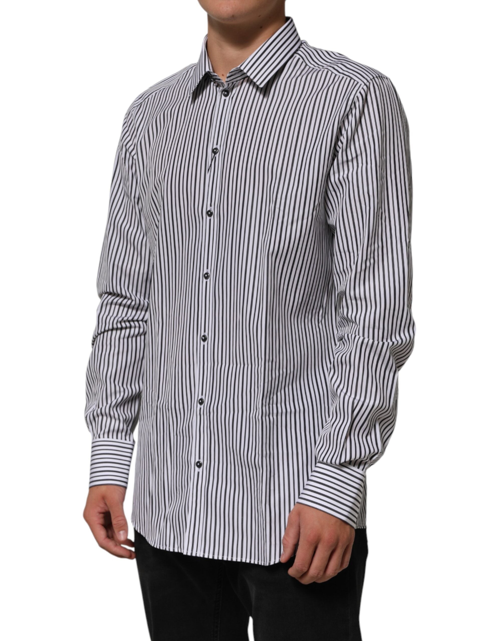Chemise homme Dolce & Gabbana à rayures noires et blanches avec détails dorés, élégante chemise en style habillé.