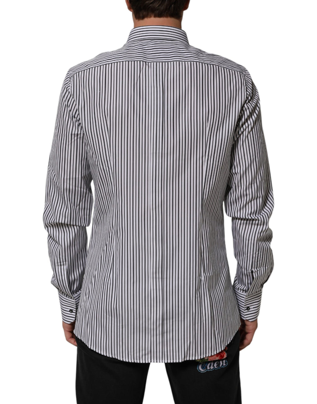 Chemise homme Dolce & Gabbana à rayures noires et blanches avec détails dorés, élégante chemise habillée pour homme.