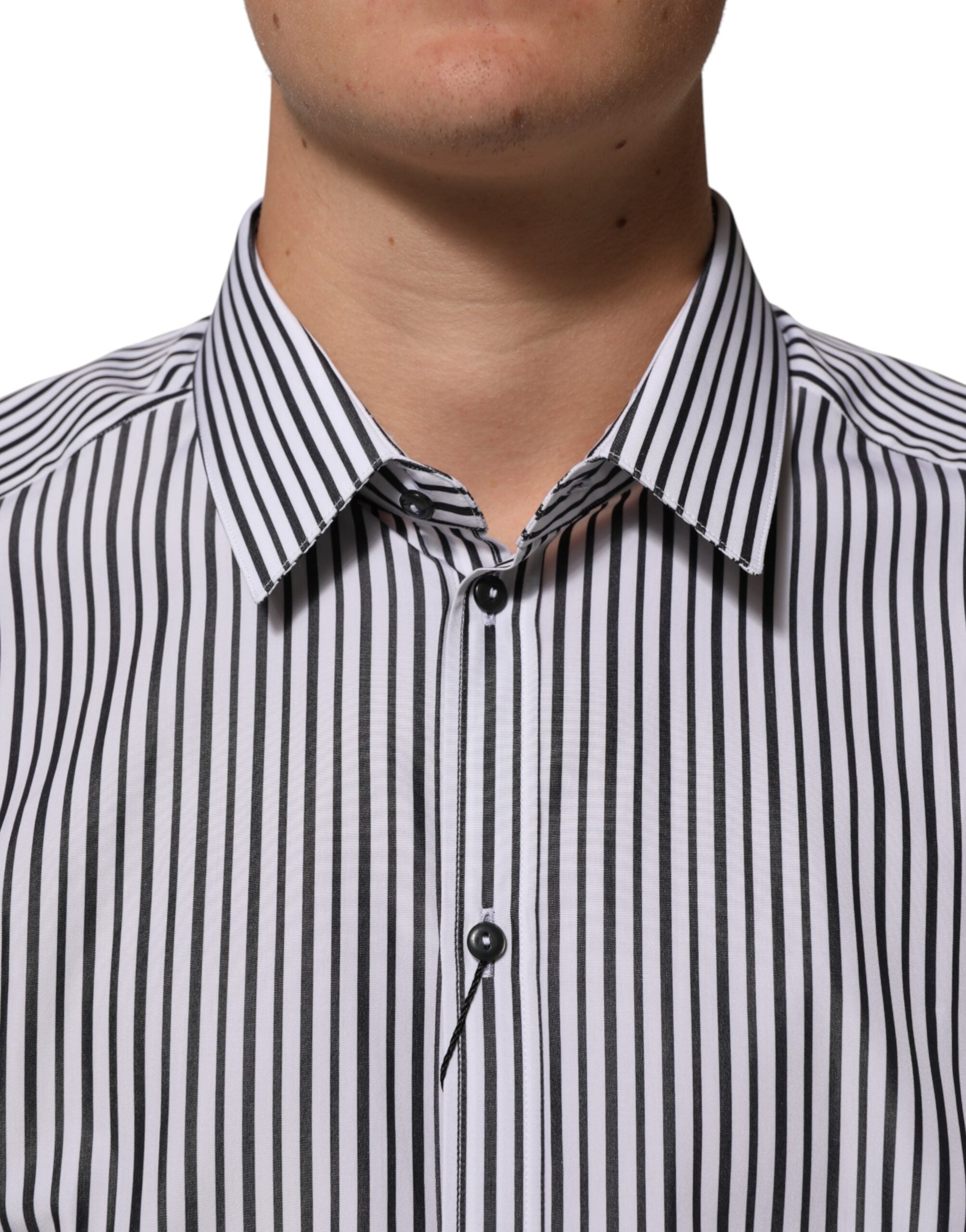 Chemise homme Dolce & Gabbana à rayures noires et blanches avec détails dorés, classique et élégante en coton.