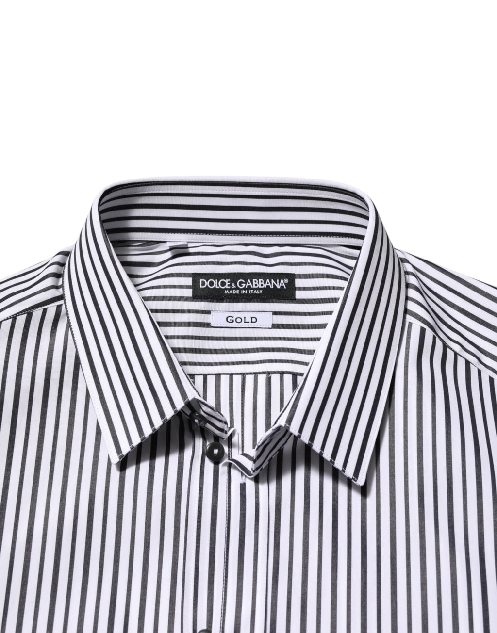 Chemise pour homme Dolce & Gabbana à rayures noires et blanches avec boutons dorés, élégante et sophistiquée.