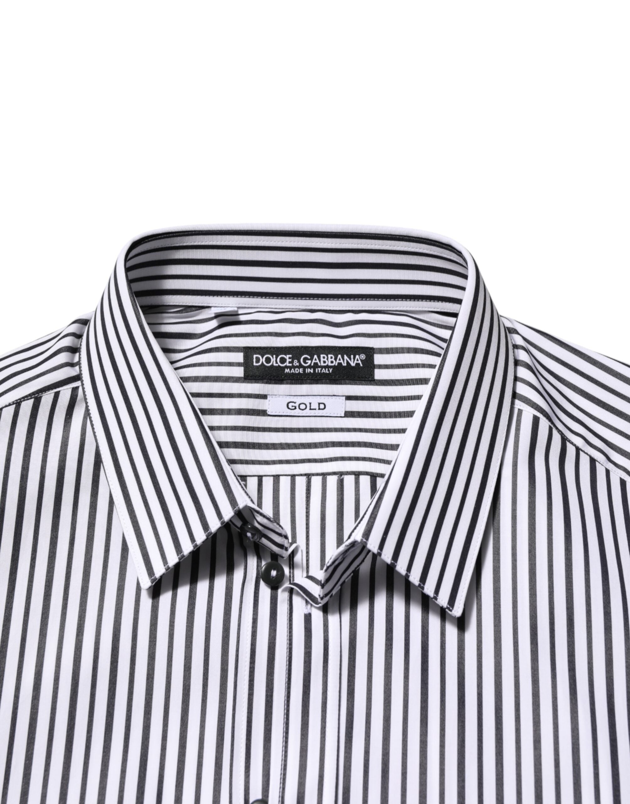 Chemise pour homme Dolce & Gabbana à rayures noires et blanches avec boutons dorés, élégante et sophistiquée.