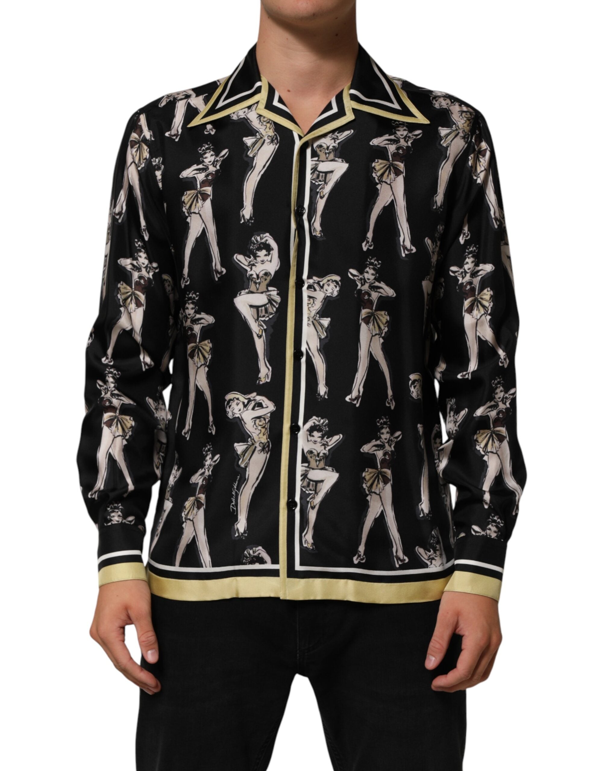Chemise Dolce & Gabbana en soie noire à imprimé pin-up, boutonnée, élégante et sophistiquée.