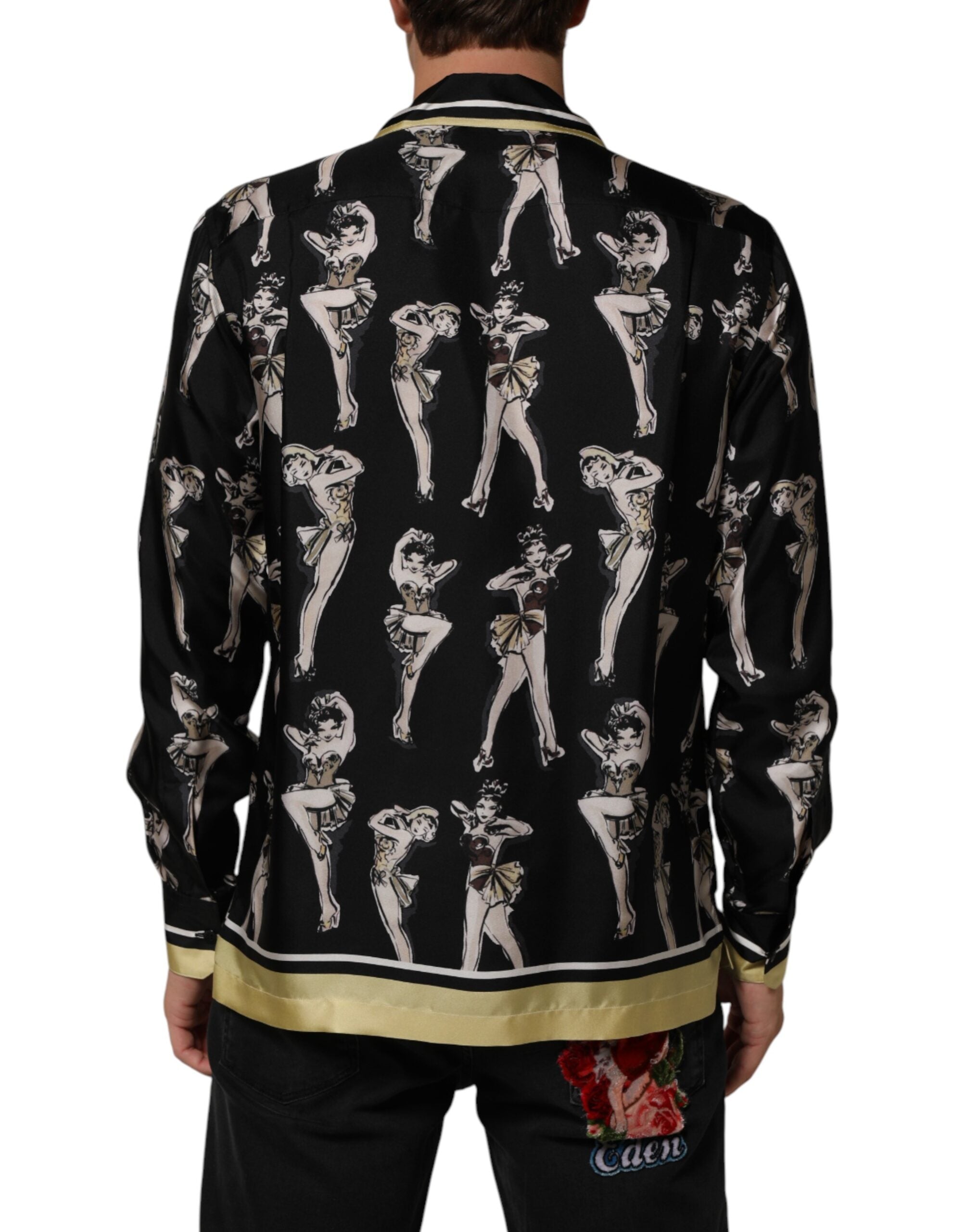 Chemise Dolce & Gabbana en soie noire à imprimé pin-up avec boutons, élégante et tendance, vue de face.