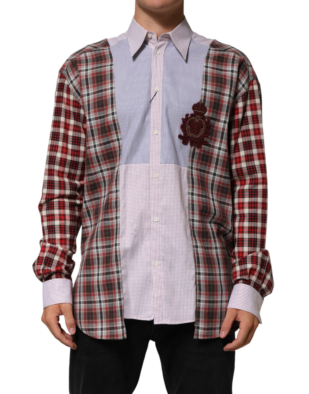 Chemise à carreaux multicolores en coton Dolce & Gabbana avec col, vue de face, détails du tissu et du motif.