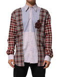 Chemise à carreaux multicolores en coton Dolce & Gabbana avec col, vue de face, détails du tissu et du motif.