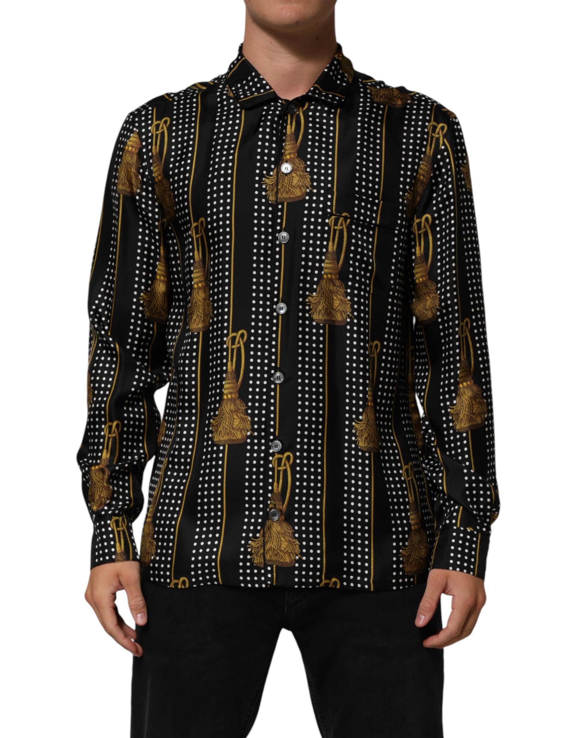 Chemise en soie noire à pois Dolce & Gabbana avec boutons et gland, détails élégants visibles sur l'image.