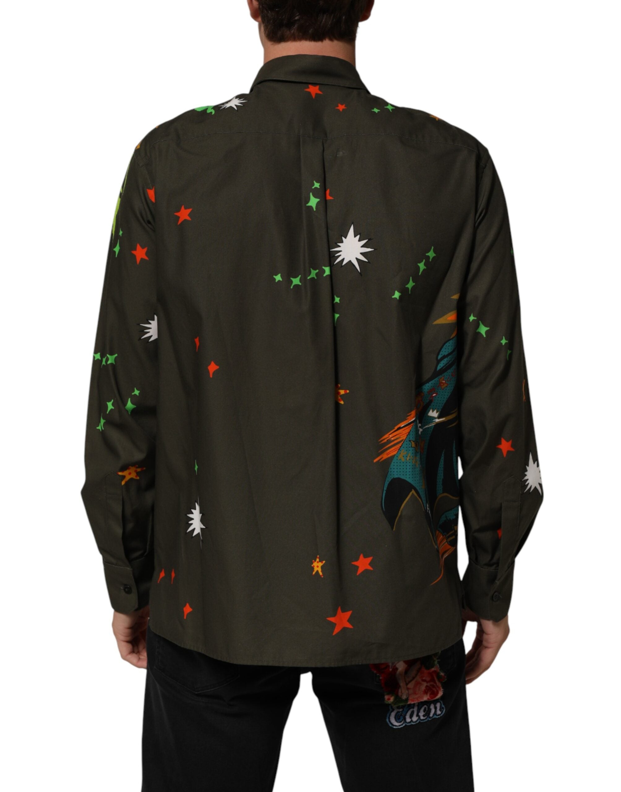Chemise à boutons Dolce & Gabbana avec imprimé super-héros vert, style décontracté et graphique, vue de face.