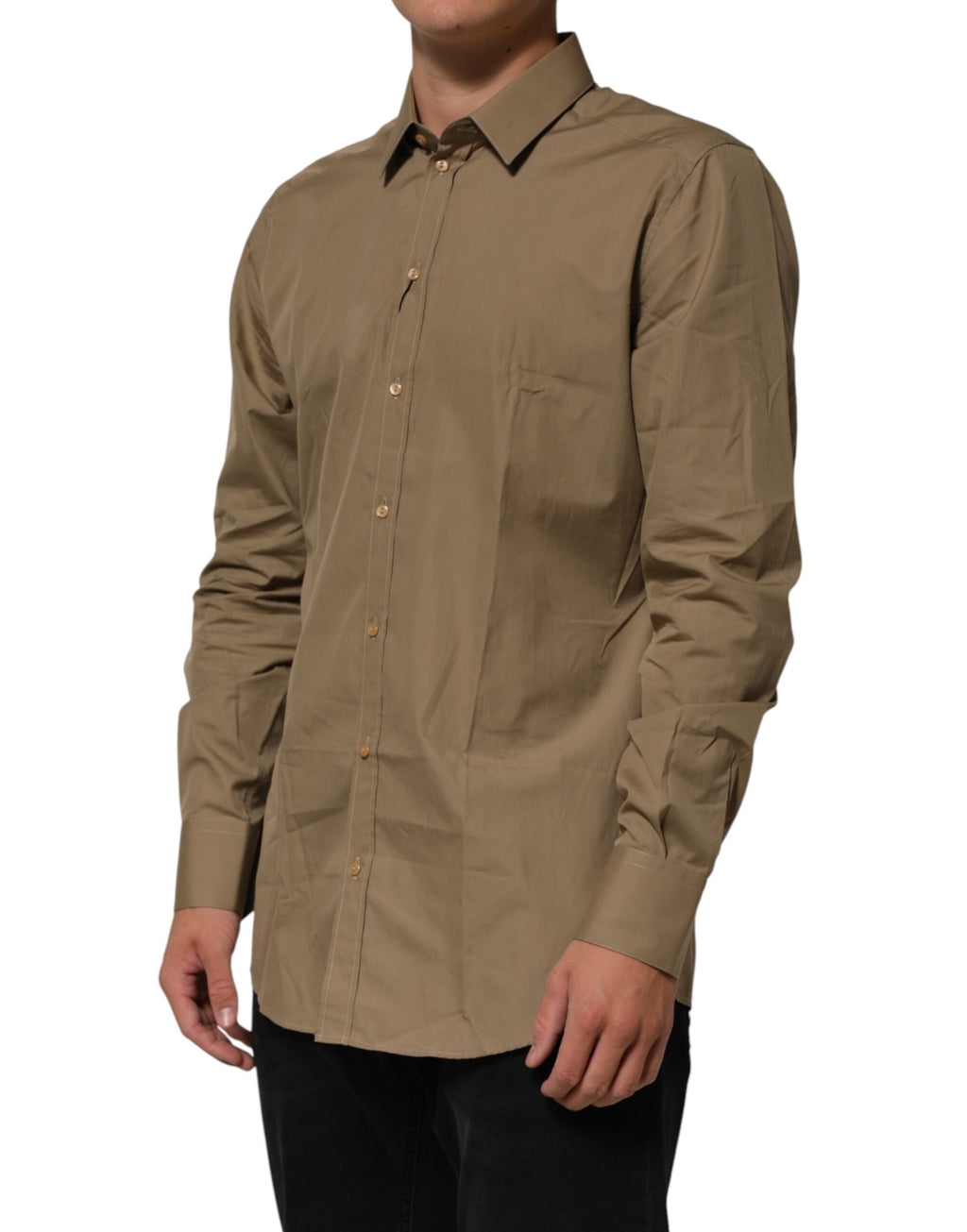 Chemise homme Dolce & Gabbana en coton marron avec col, style élégant et boutonnière dorée visible sur l'image.