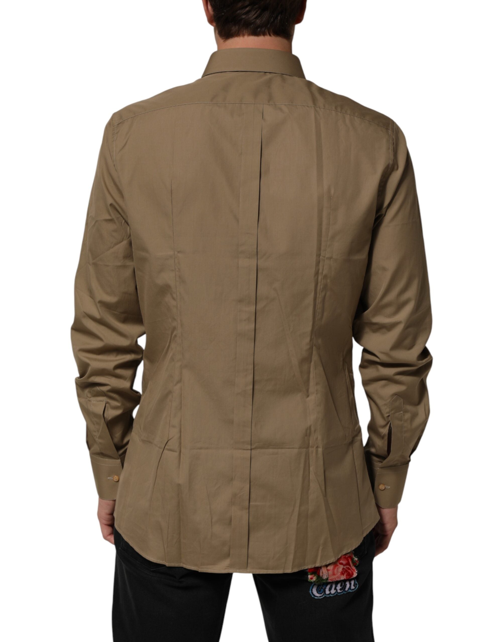 Chemise pour homme Dolce & Gabbana en coton marron à col avec boutons dorés, style élégant et classique.
