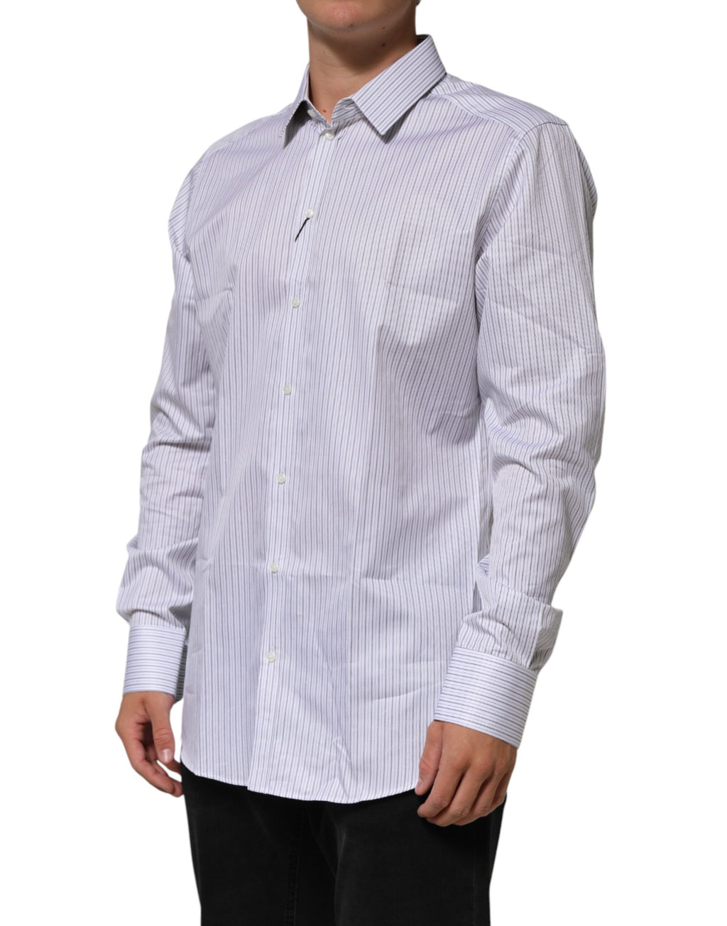 Chemise homme blanche à rayures en coton Dolce & Gabbana avec détails dorés, élégante et sophistiquée.