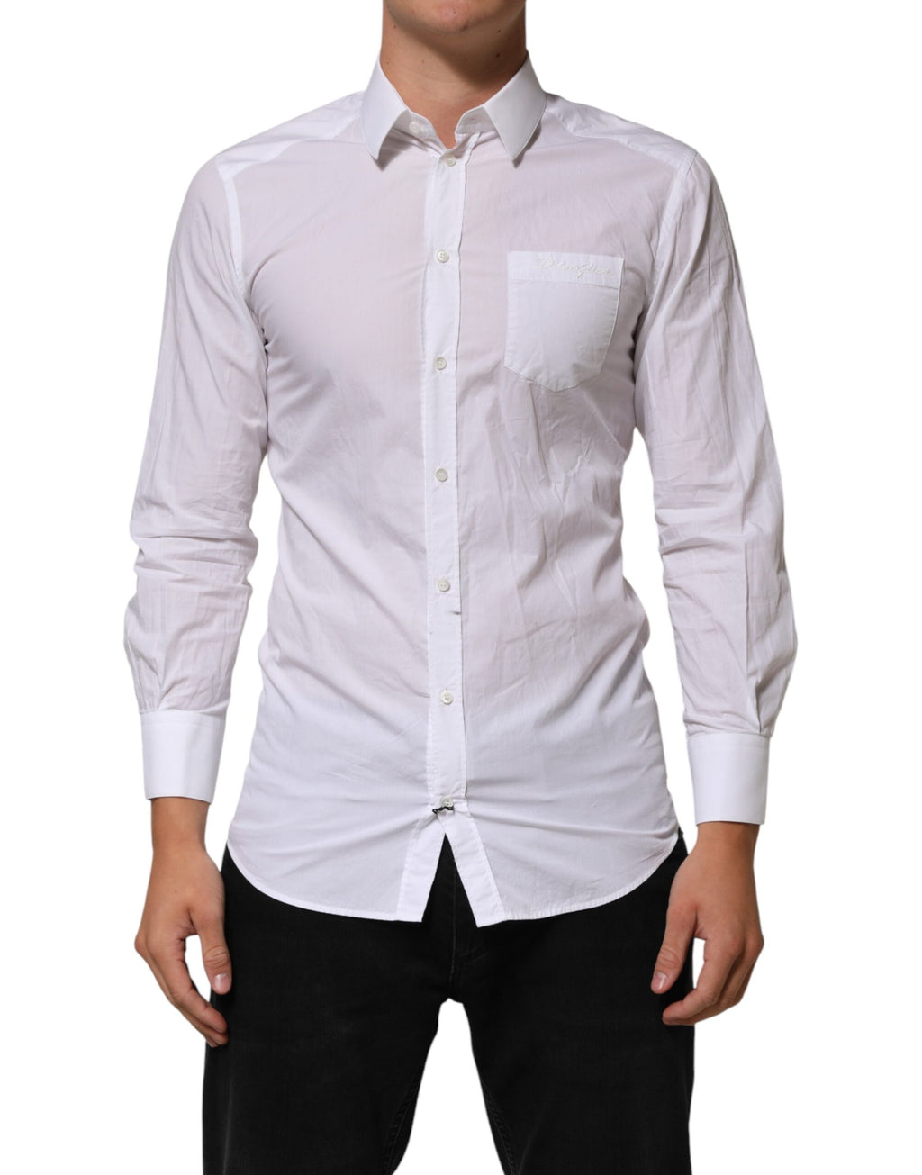 Chemise blanche en coton pour homme de Dolce & Gabbana avec col, détails dorés, élégante chemise de costume.
