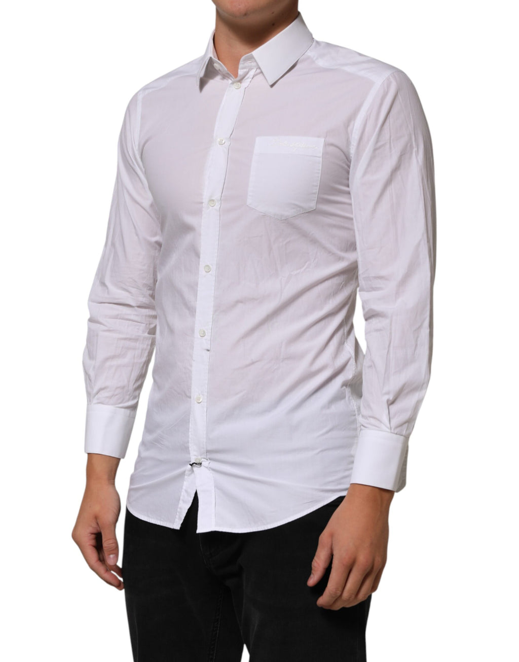Chemise blanche en coton pour homme de Dolce & Gabbana avec col, manches longues et détails en or, élégante et sophistiquée.