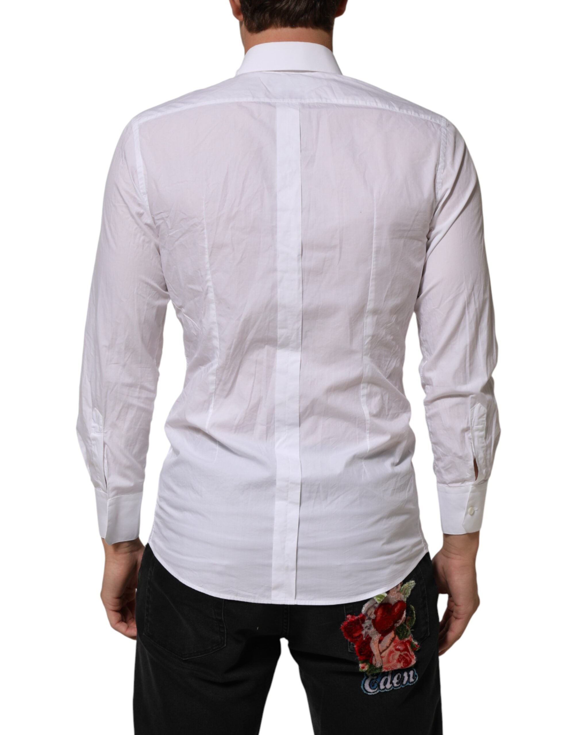 Chemise blanche en coton pour homme de marque Dolce & Gabbana, col classique et boutons dorés, élégance masculine.