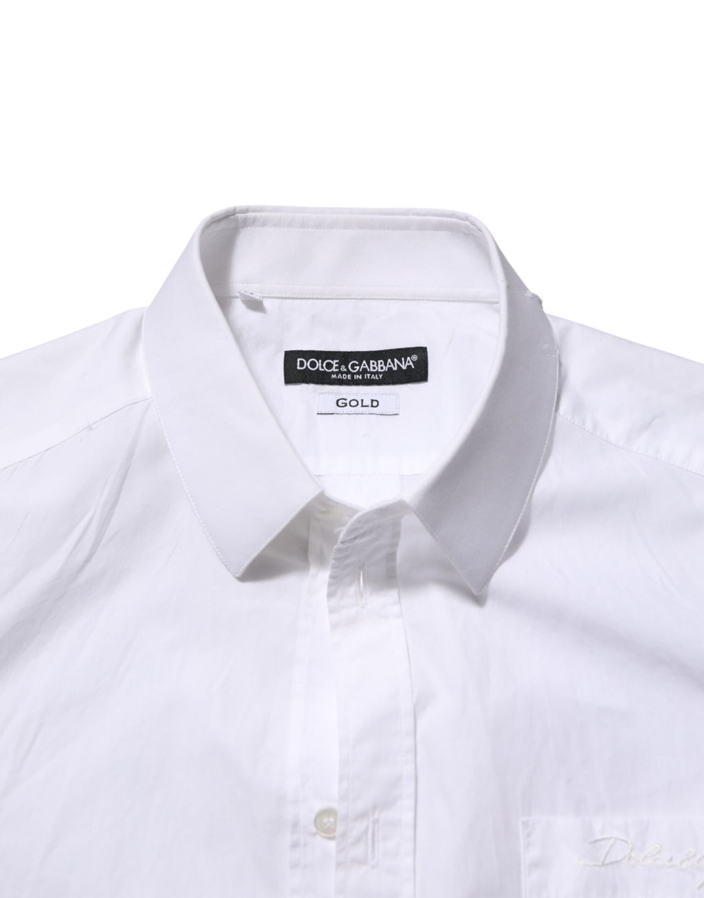 Chemise blanche en coton pour homme Dolce & Gabbana avec col, manches longues et détails dorés.