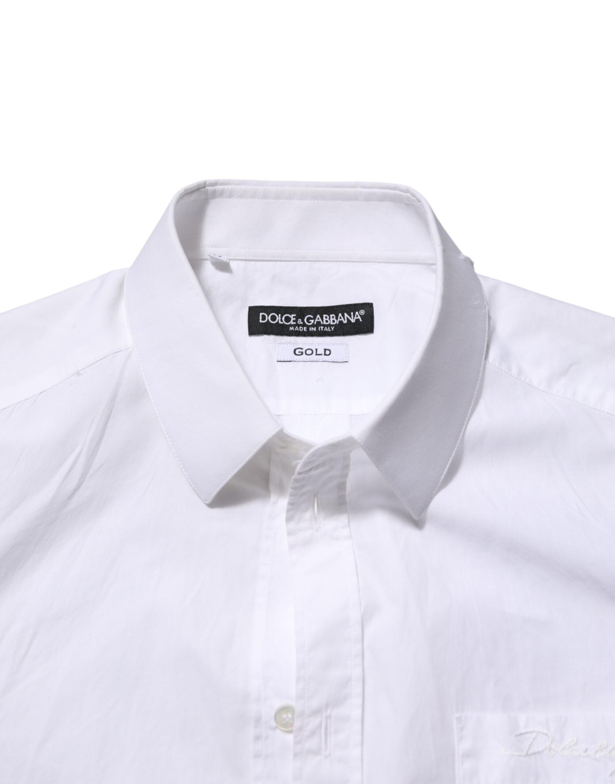 Chemise blanche en coton pour homme Dolce & Gabbana avec col, manches longues et détails dorés.