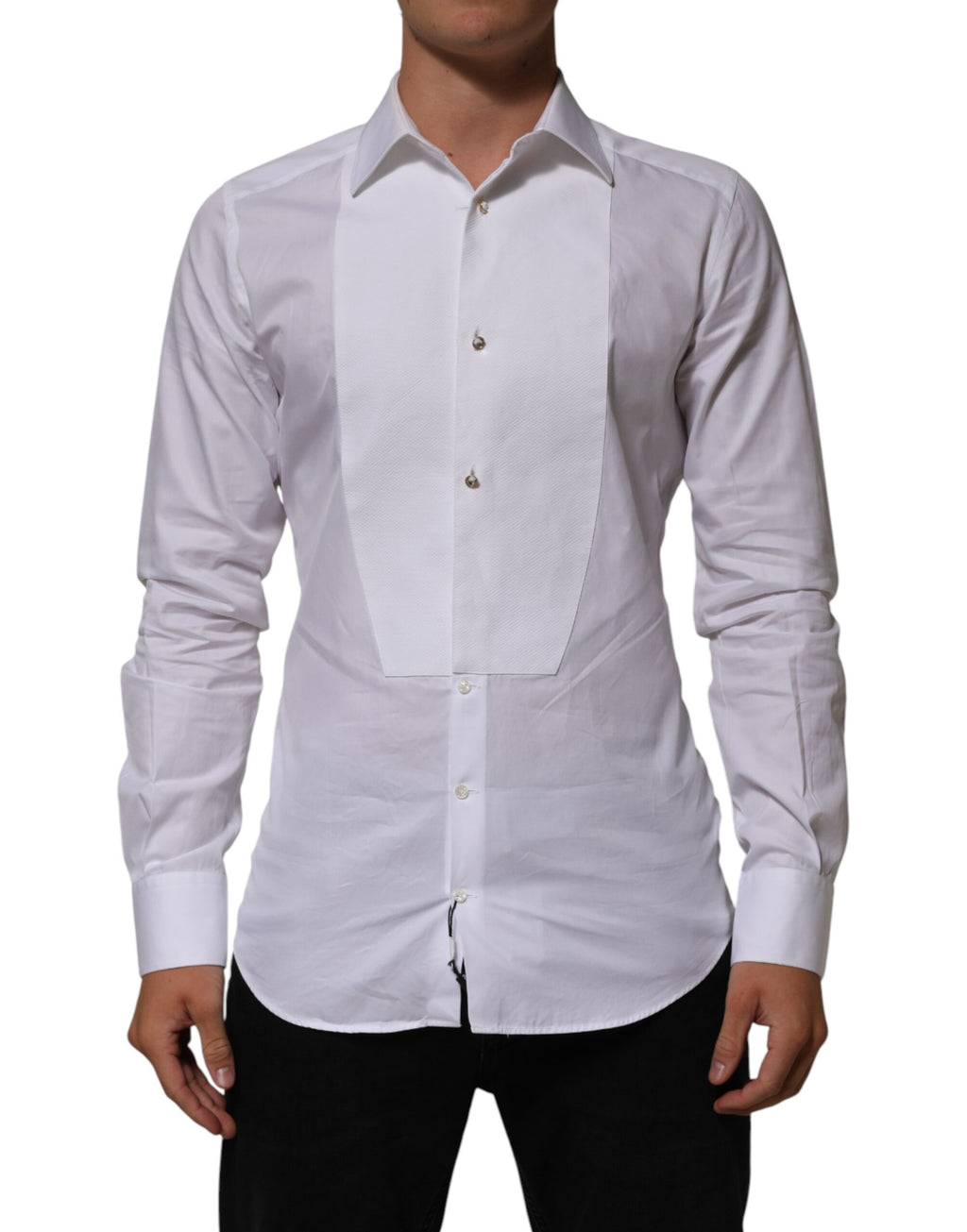 Chemise blanche Dolce & Gabbana en coton avec col, détails de broderie dorée, style élégant pour homme.