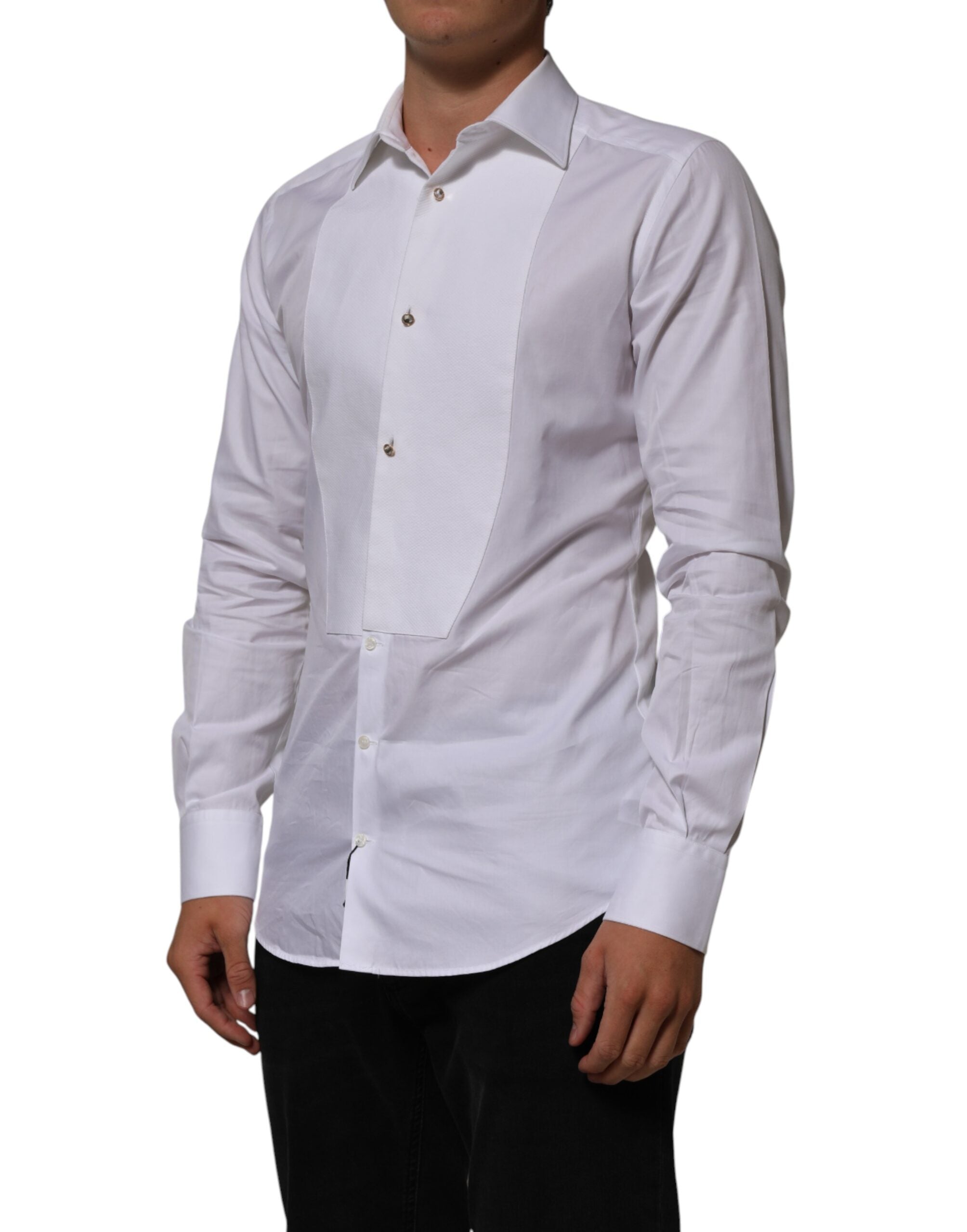 Chemise blanche en coton Dolce & Gabbana avec col, détail de broderie dorée, style élégant pour homme.