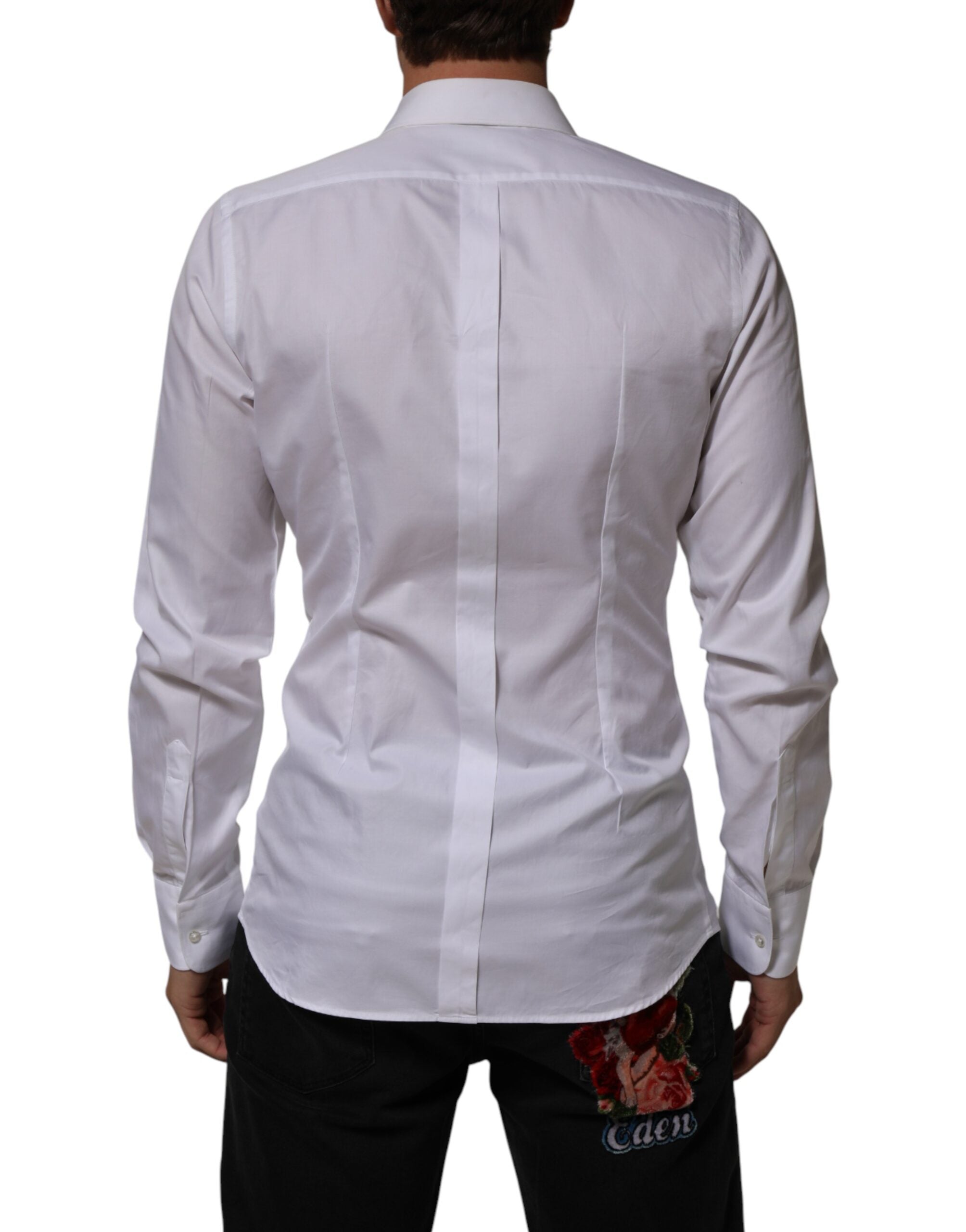 Chemise blanche Dolce & Gabbana en coton avec col, ornée d’un motif or, vue de face.