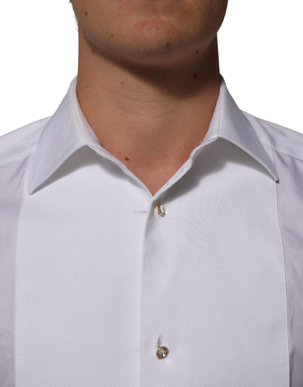 Chemise blanche Dolce & Gabbana en coton avec col et bavette or pour homme, élégante veste de costume formelle