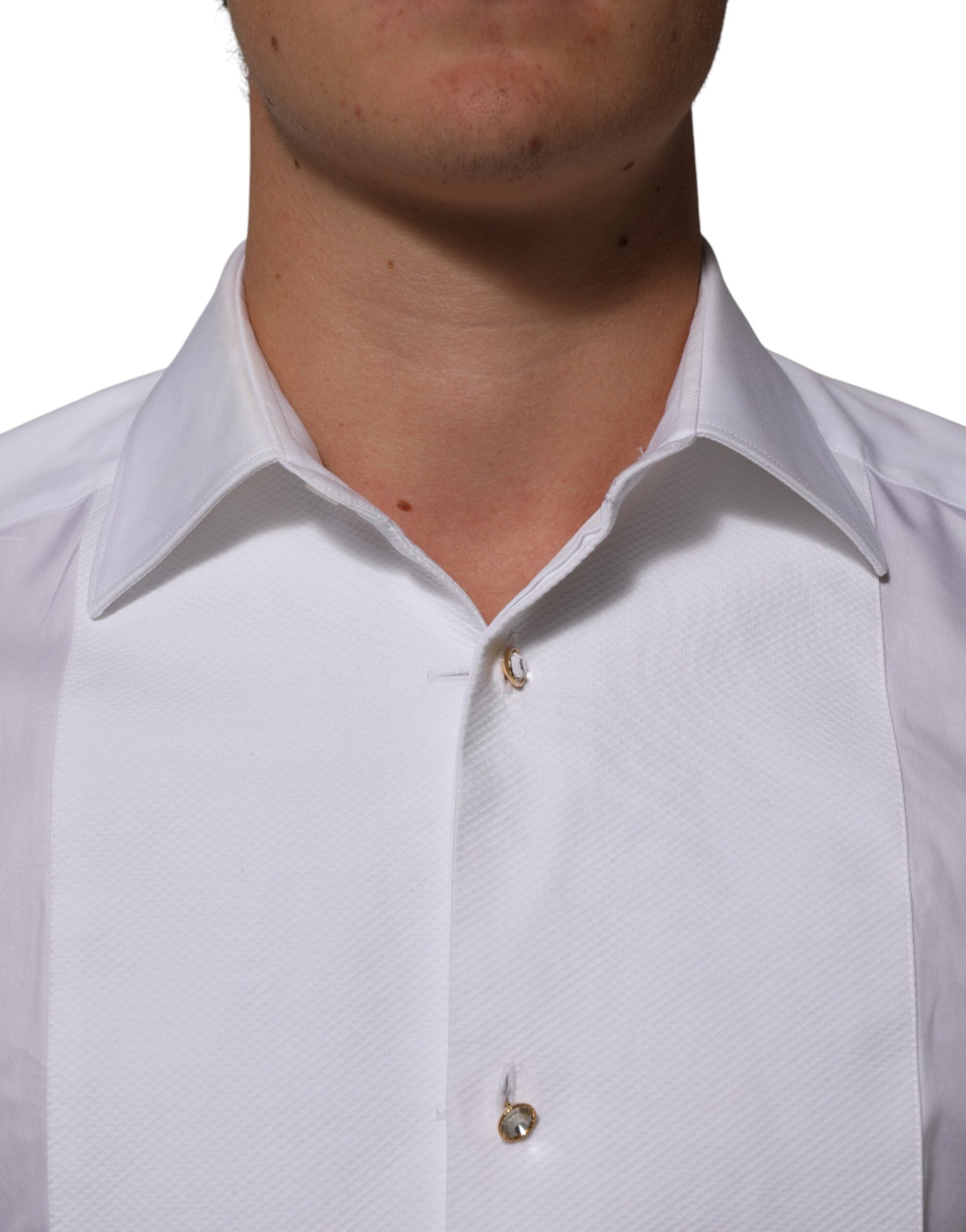 Chemise blanche Dolce & Gabbana en coton avec col et bavette or pour homme, élégante veste de costume formelle