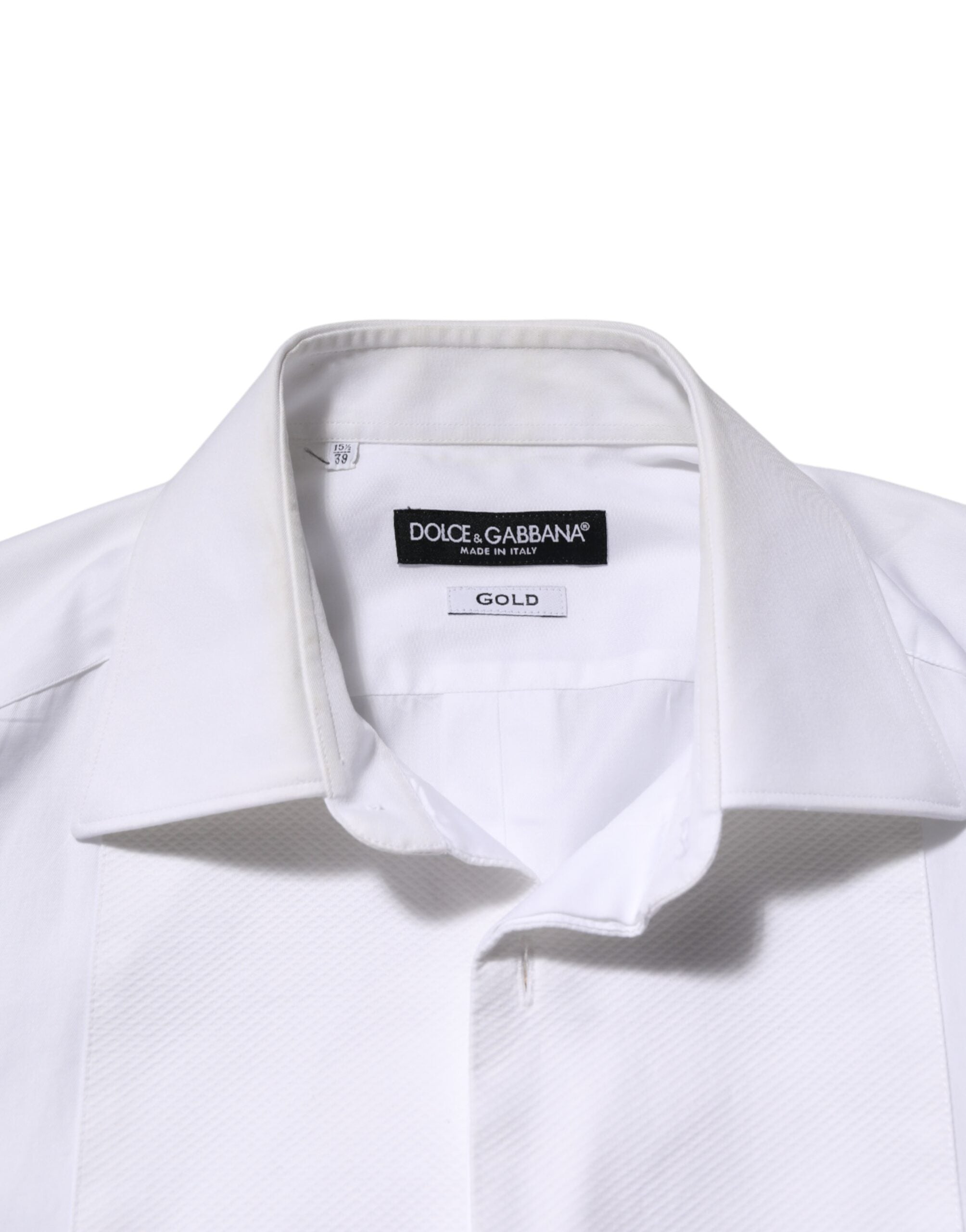 Chemise blanche Dolce & Gabbana en coton avec col, brodée de détails dorés, pour un look élégant et sophistiqué.